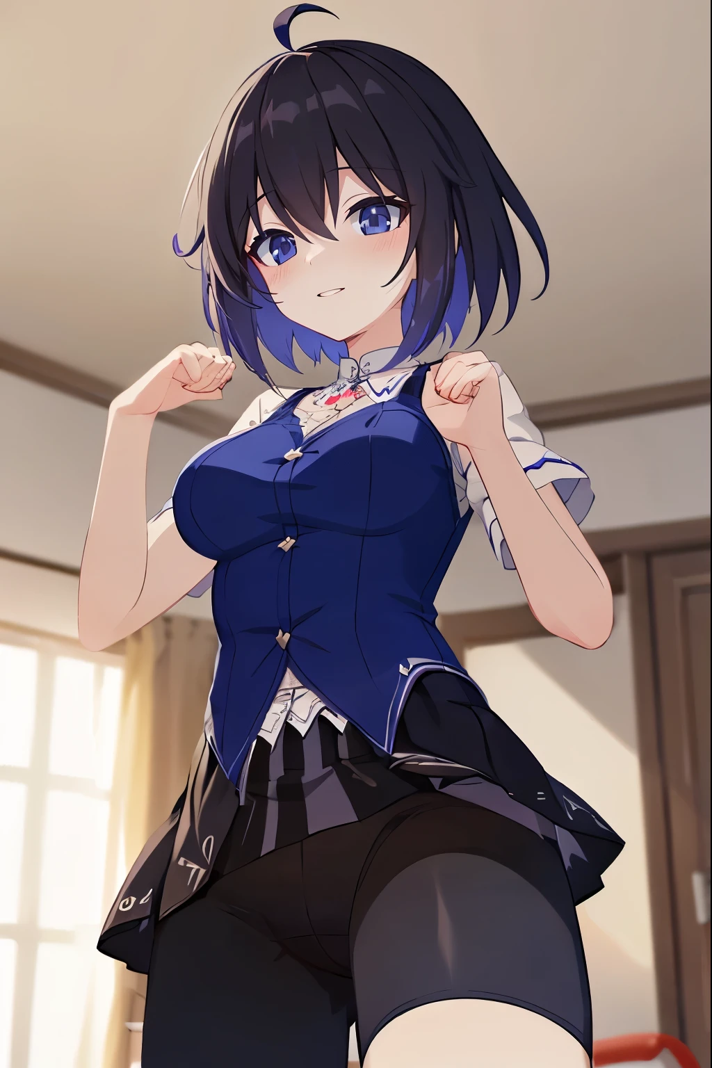 1 girl, best quality, ultra high res, ahoge, Seele Vollerei, looking at viewers, medium breast, standing, smile, closed mouth, azure memories, short sleeves, Bike Shorts, bedroom, white bed sheets, pov, Skirt, Bike Shorts Under Skirt, Bike Shorts Detailed, hands up, 