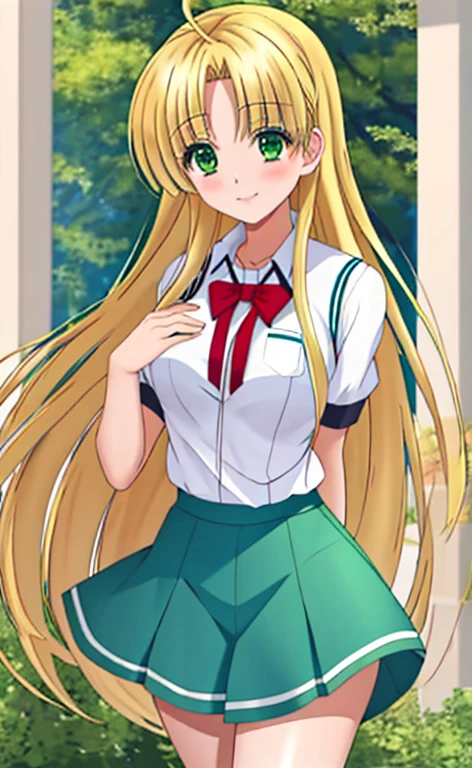 Asia　Beautiful long blonde hair　green eyes　high school girl　mini skirt　white panties