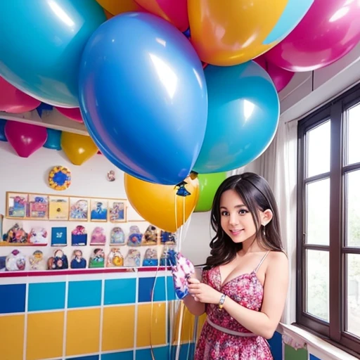 Chica guapa de grandes tetas , bibg balloons at birthday party. Place decorated with beautiful shiny latex balloons...., helio y globos en el suelo. Ella ama los globos, globos reventados en el suelo. 1000 globos cubriendo el suelo ella sujeta una aguja con la que pincha los globos boom. The room full of balloons everywhere.. balloons in shower having shower