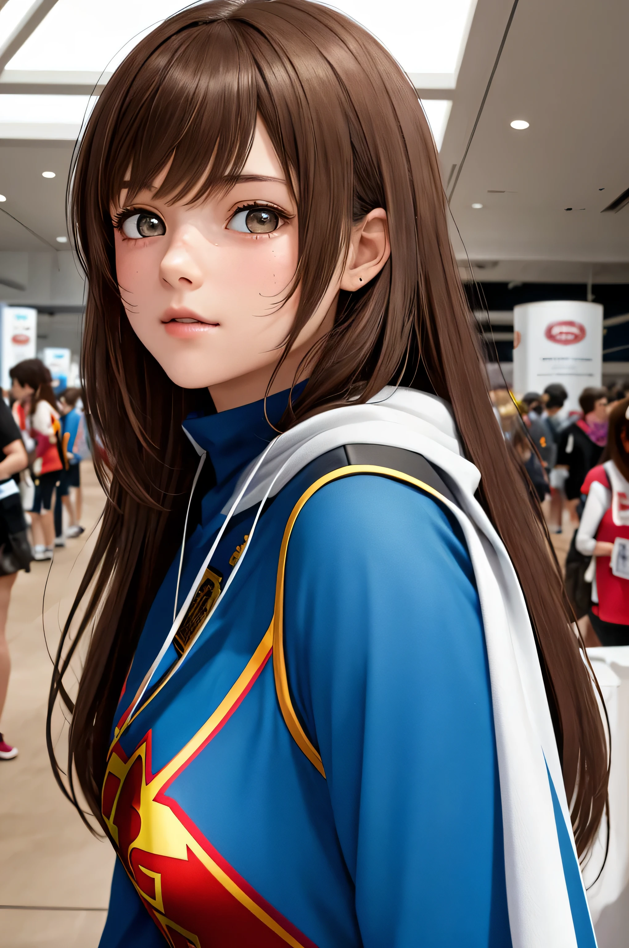 {there is a young girl attending a comic convention. she is beautiful, and attractive. she is dressed up in a superwomen outfit. she has beautiful long brown hair, and beautiful hazel eyes. she is inside a convention center. there is a lot of people around. there is also booths around selling comic books. there is banners everywhere hanging from the roof.}, {best quality}, {{masterpiece}}, {highres}, {{{8k}}}, extremely detailed girl, {{{caucasian skin}}}, {{{detailed face}}}, {photo-realism}, {{perfect anatomy}}, sharp focus, {{{character{1 girl}}}}, solo, {{{{{sharp focus}}}}}, {{{detailed cloth texture}}}, {{{detailed skin texture}}}, {{{smooth lighting}}}, {{australian decent}}, {{18-years old girl}},