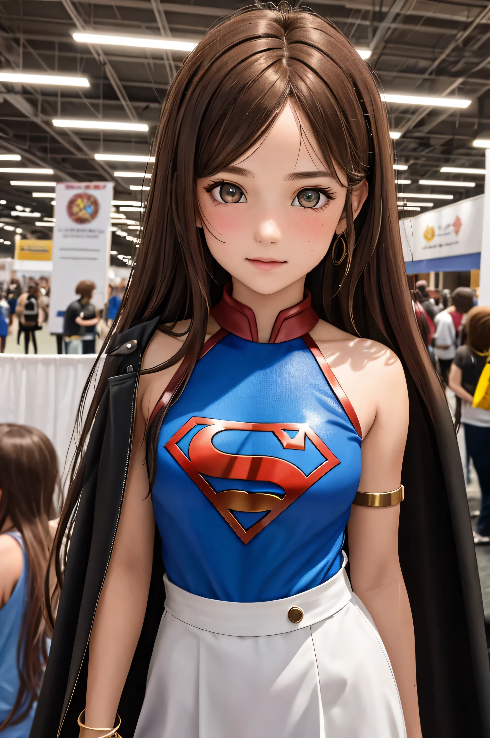 {there is a young girl attending a comic convention. she is beautiful, and attractive. she is dressed up in a superwomen outfit. she has beautiful long brown hair, and beautiful hazel eyes. she is inside a convention center. there is a lot of people around. there is also booths around selling comic books. there is banners everywhere hanging from the roof.}, {best quality}, {{masterpiece}}, {highres}, {{{8k}}}, extremely detailed girl, {{{caucasian skin}}}, {{{detailed face}}}, {photo-realism}, {{perfect anatomy}}, sharp focus, {{{character{1 girl}}}}, solo, {{{{{sharp focus}}}}}, {{{detailed cloth texture}}}, {{{detailed skin texture}}}, {{{smooth lighting}}}, {{australian decent}}, {{18-years old girl}},