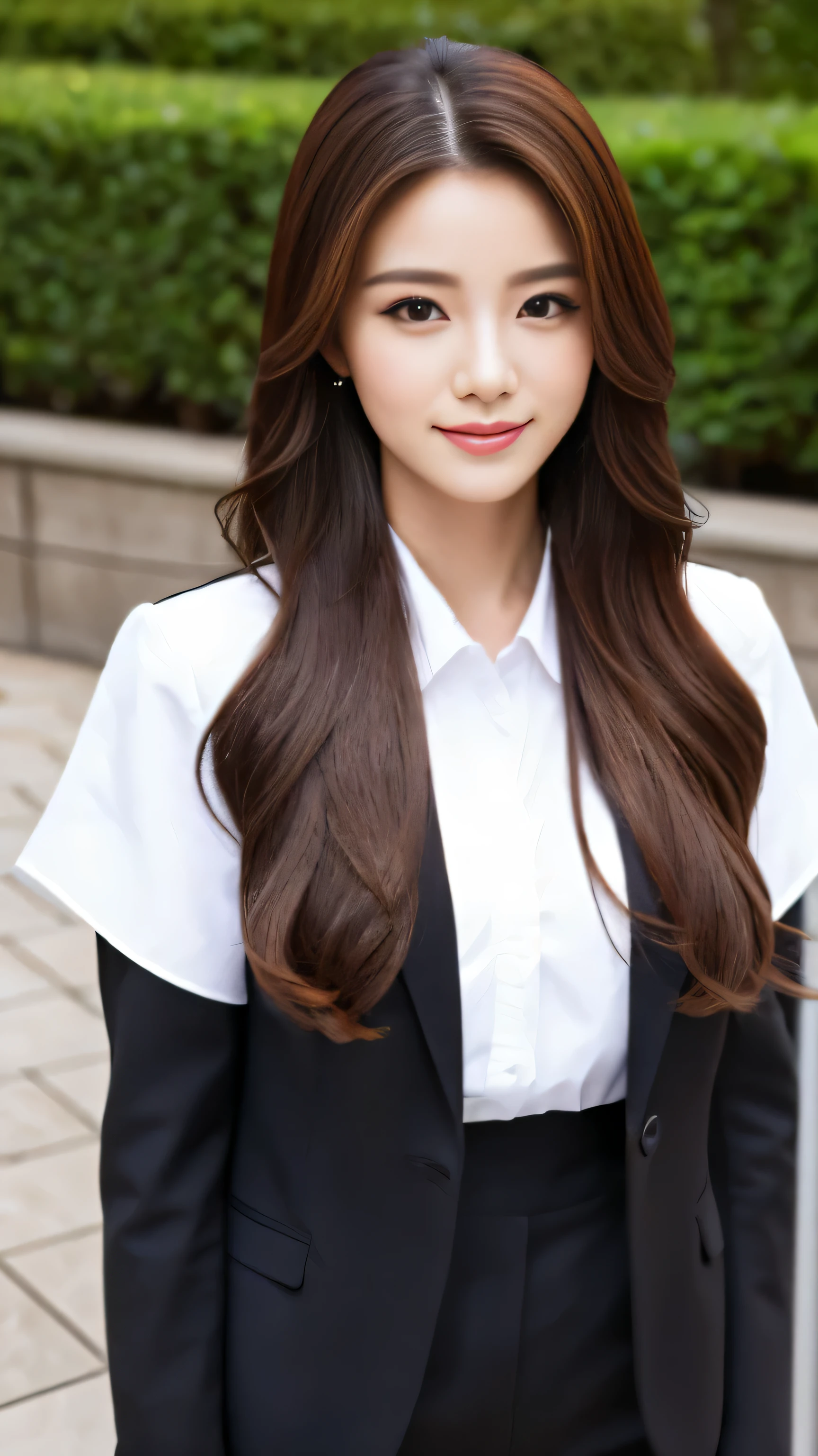 Ultra-high definition images,(masterpiece, highest quality),beautiful female member of society,  Young people just starting social work, At the office, I&#39;We will be happy to process your documents..,Black top and bottom suit, Chestnut hair and facial details,Full body high-definition painting,