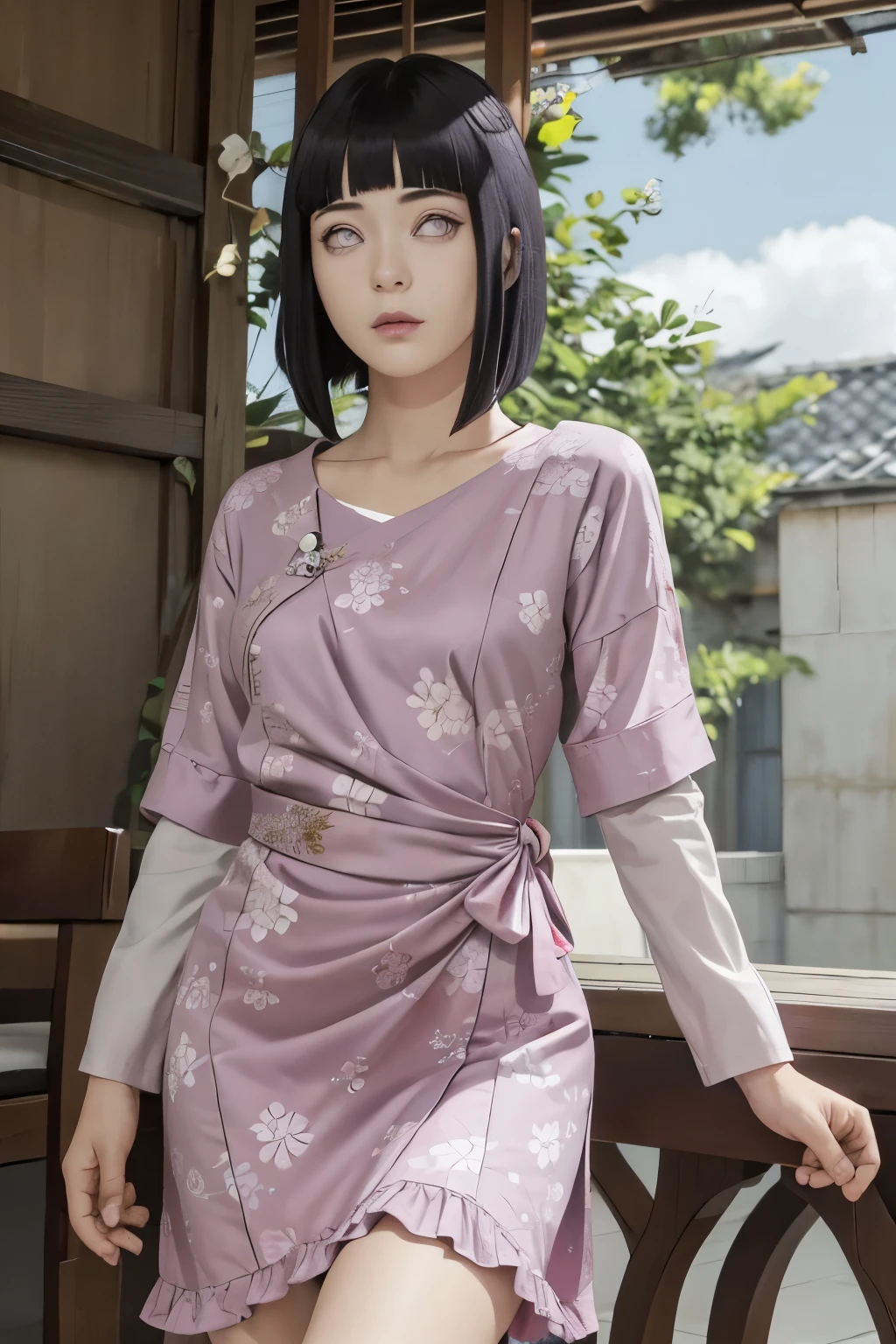 obra maestra, absurdos, Hinata\(boruto\), 1 chica, Solo,mujer madura, vestido floral sin hombro, looking at the petals by viewelling), perfect composition, detallado lips, pecho grande, Hermoso rostro, body proportion, rubor, (Labios rosados), pelo largo,  ojos morados,  mirada suave,  super realistic, detallado, Photoshoot, cara y cuerpo realistas, sexual expression, seductive expression, mqmf.