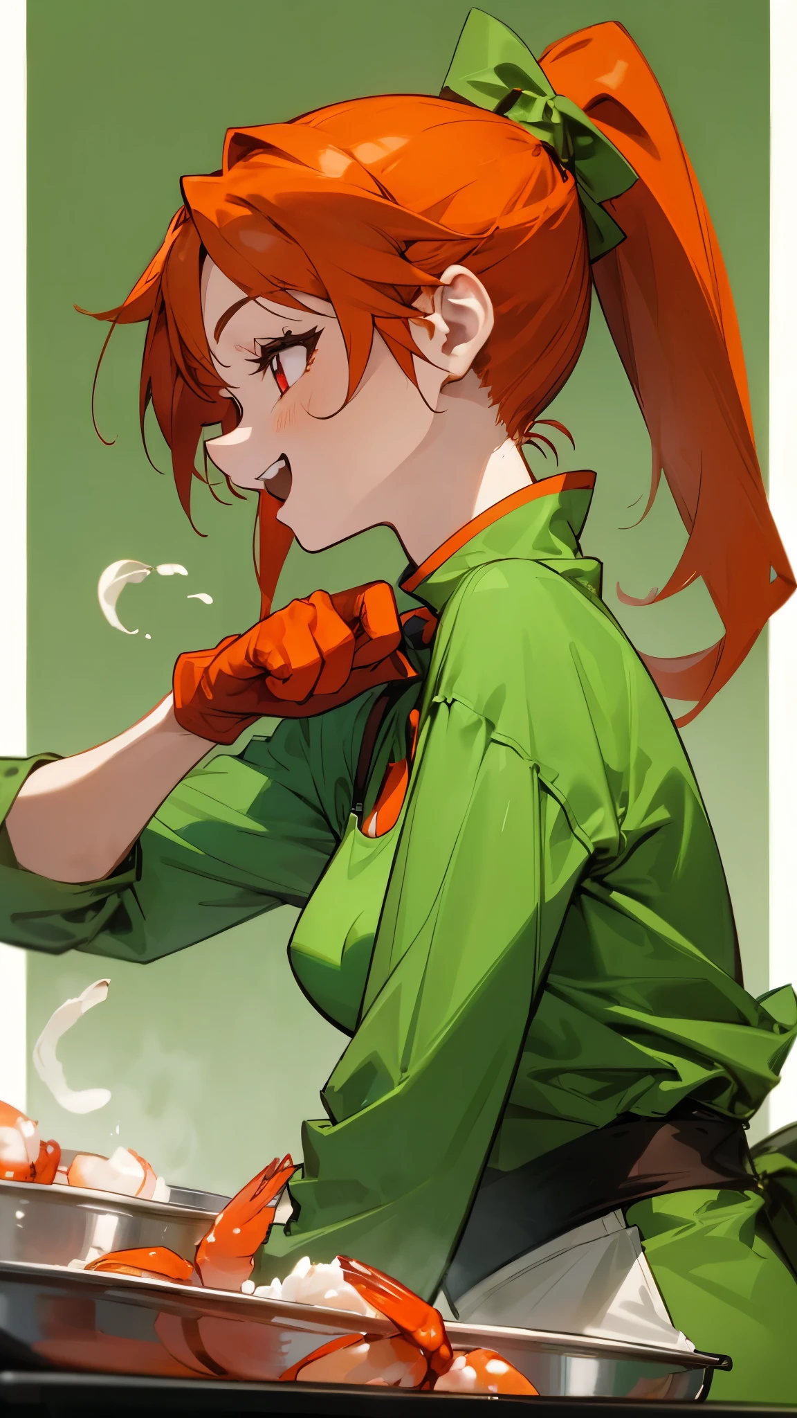 1 girl、green clothes、red gloves、profile、orange hair、ponytail、Beautiful red eyes、small breasts、smile、laughter、kitchen、cooking、shrimp mascot、upper body up