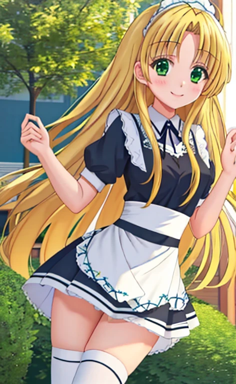 Asia　Beautiful long blonde hair　green eyes　Maid clothes　mini skirt　white panties　smile