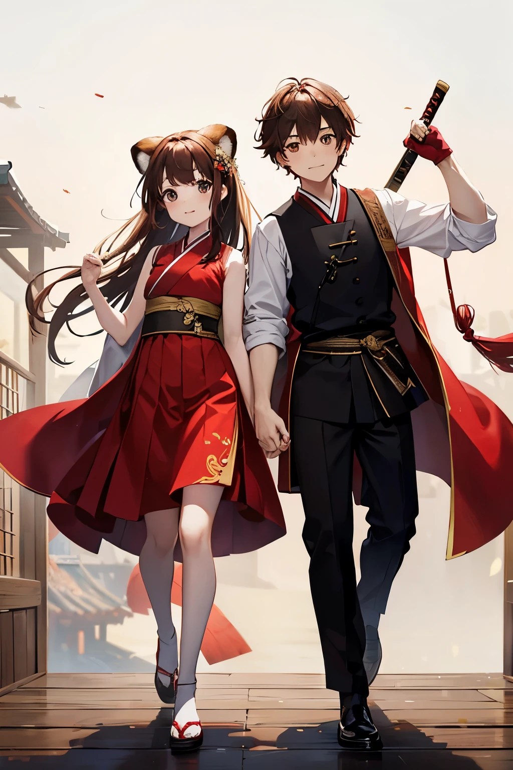 couple, (little 1.3), red panda, (raising a wooden sword), sleeveless hanbok, brown hair, full body