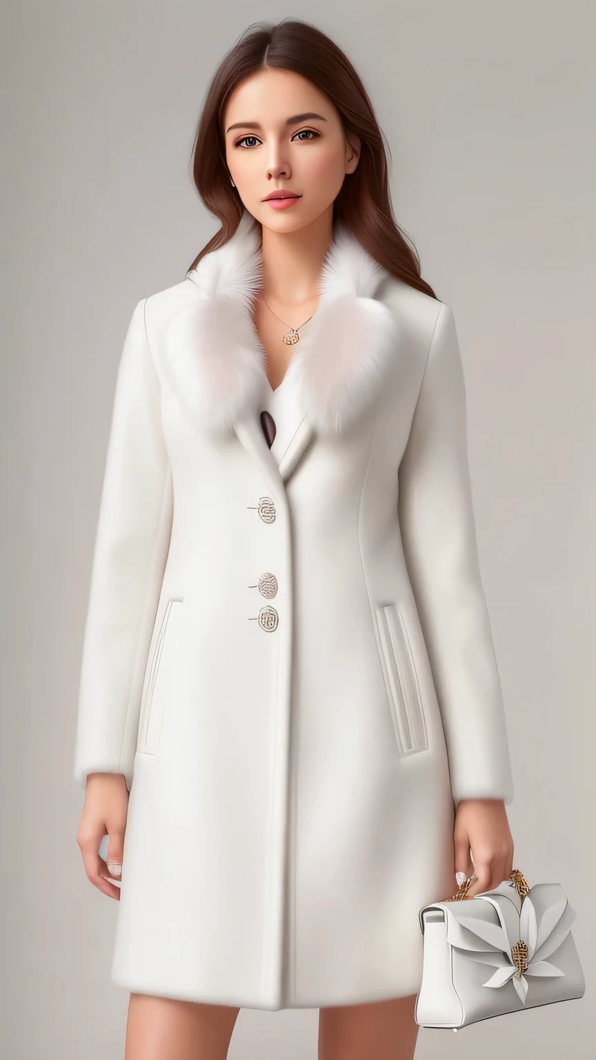 a woman in a white coat and white purse posing for a picture, wearing a white winter coat, white coat, white fur, detailed white fur, fur details, coat for a rave with fur, white jacket, detailed white, wearing hunter coat, pelt coats, short coat, crisp details, dressed in an old white coat, longcoat, fluffy white fur
