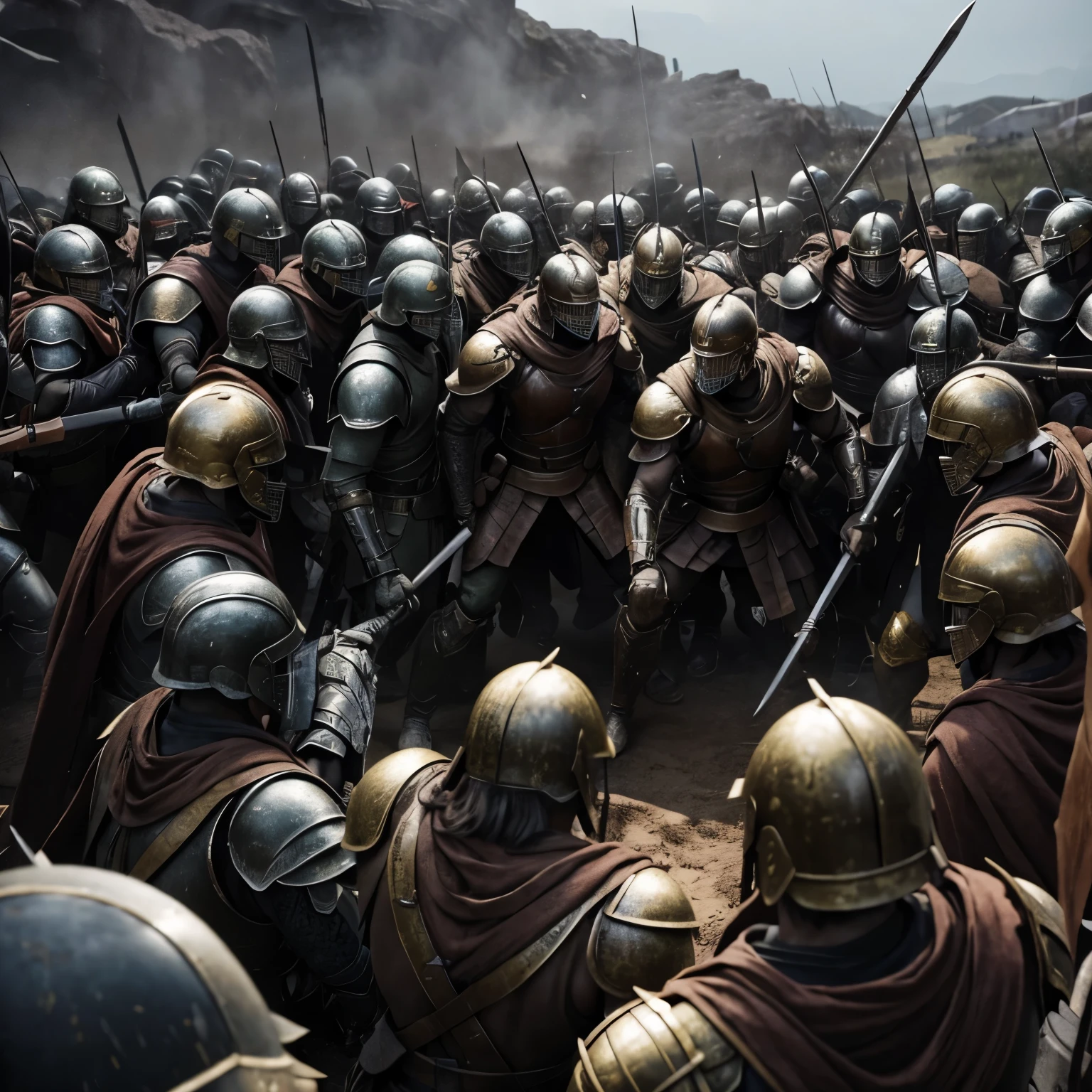 arafada image of a group of men in armor with spears and spears, closeup of vfx film, scene in which she is in rivendell, fortress of chaos of grimdark, riot shields, still from a music video, an army recruitment poster, inspired by Kamāl ud-Dīn Behzād, in armor, awarded at cgsociety