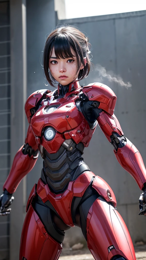 rough skin, Super detailed, advanced details, high quality, 最high quality, High resolution, 1080P, hard disk, beautiful,(War Machine),beautifulサイボーグの女性,Red Mecha Cyborg Girl,Fight,girl with a mechanical body,、junior high school girl　very short hair、sweaty brown eyes、sweaty face、expression of unfair treatment　cute　black hair(Steam comes out from all over the body)　((Steam comes out of my head)) (((Steam comes out of the whole body))) Glasses　squat　spread your legs spread your legs　(Shyness)