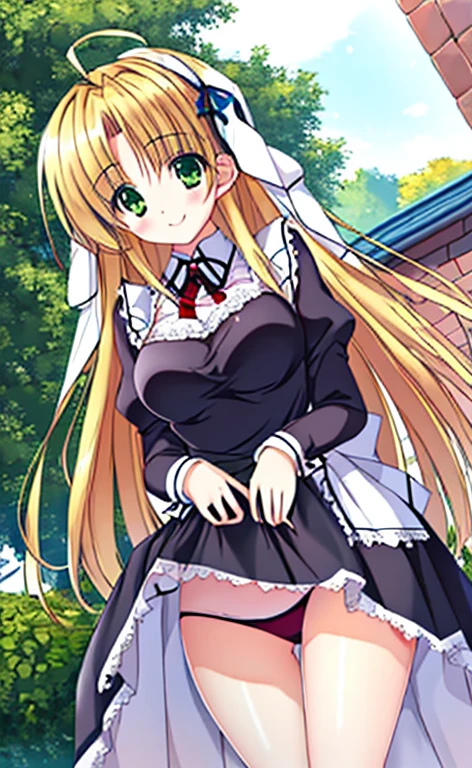 Asia　Beautiful long blonde hair　green eyes　Maid clothes　mini skirt　white panties　smile