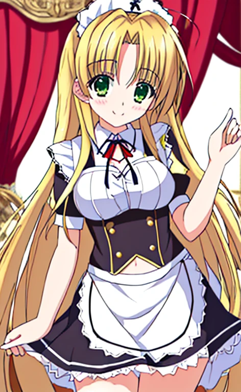 Asia　Beautiful long blonde hair　green eyes　Maid clothes　mini skirt　white panties　smile