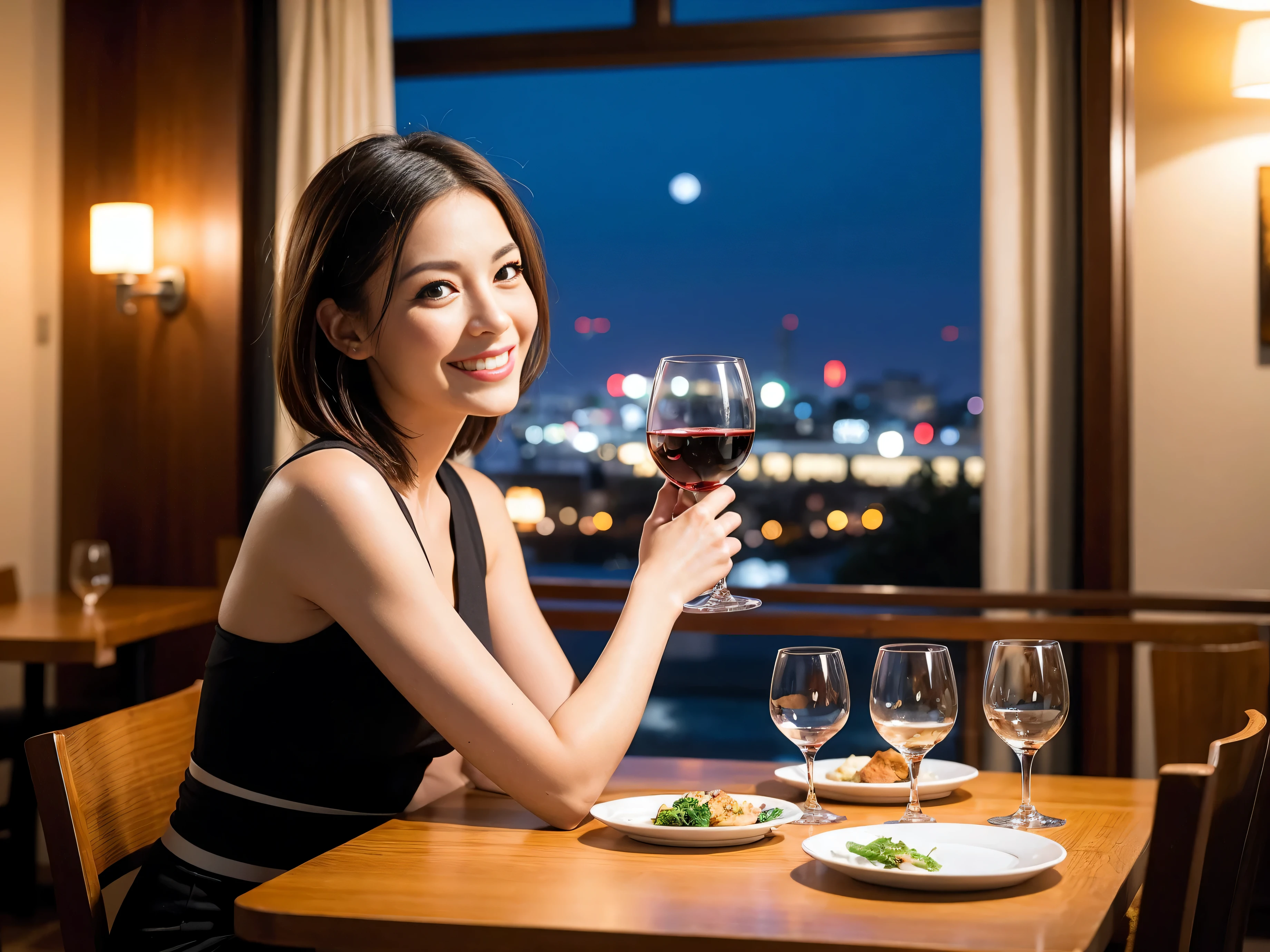 (64k uhd, nffsw, of the highest quality, masutepiece: 1.2), (Realistic, Photorealistic: 1.37), Pretty Woman 1, (Slim Face), (Slim body), (Brown hair), (short-cut), cheeks blush a little, (40 years old), 38 years, Solo, A beautiful and detailed night view spreads out outside the window...., restaurant, Sitting in a wine glass, At night, In a prominent place (from waist up) NovaFrogStyle, actress, Model, waist-up, white wine, slim, wine glasses, Super clean night view, Wine glass placed in the middle, Happy smile, (Smile: 1.15), Beautiful fine eyes, Upper body, Bust Japan Up, Night, Short, Short, actress, Model, waist-up, white wine, slim, wine glasses, Super clean night view, Wine glass placed in the middle, Happy smile,