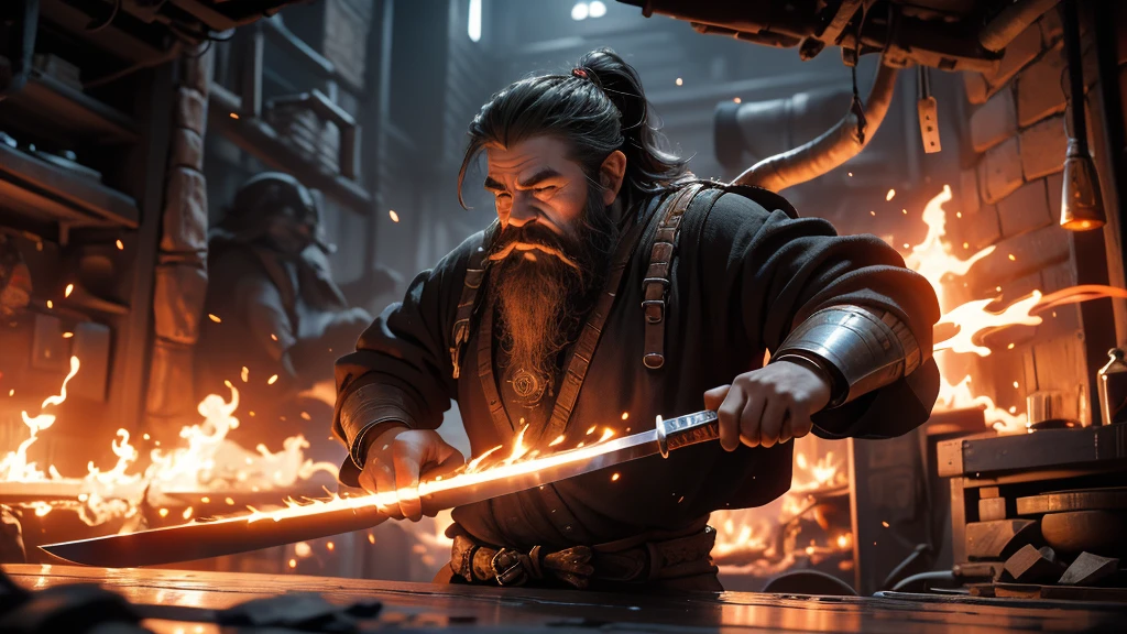 "Create a high-resolution image that depicts an old dwarf blacksmith in his forge. The dwarf is hammering hard on a blade fresh from the fire as sparks of hot metal fly through the air. The scene is illuminated by the intensity of the heat from the forge , highlighting the dwarf's tired and determined features. Stunning flames emerge from the tip of the blade, adding an epic touch to the scene. Ensure the image captures the dwarf's skill and experience as he masters the art of forging masterfully."
