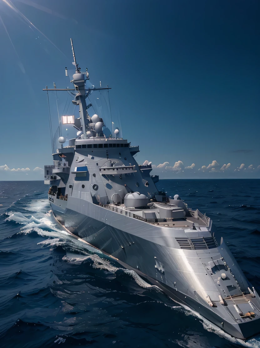 ((masterpiece、highest quality、genuine、Super detailed、High resolution、photogenuineistic、sharp focus、genuineistic photo、Live shooting、cinematic lighting))、modern style warship、Metallic gray color with blue details、genuineistic sea surface、perfect composition