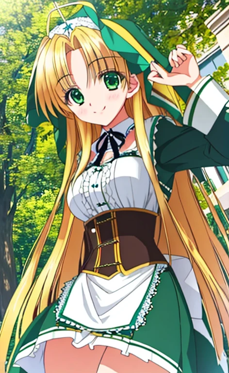 Asia Beautiful long blonde hair green eyes Maid clothes mini skirt white panties smile
