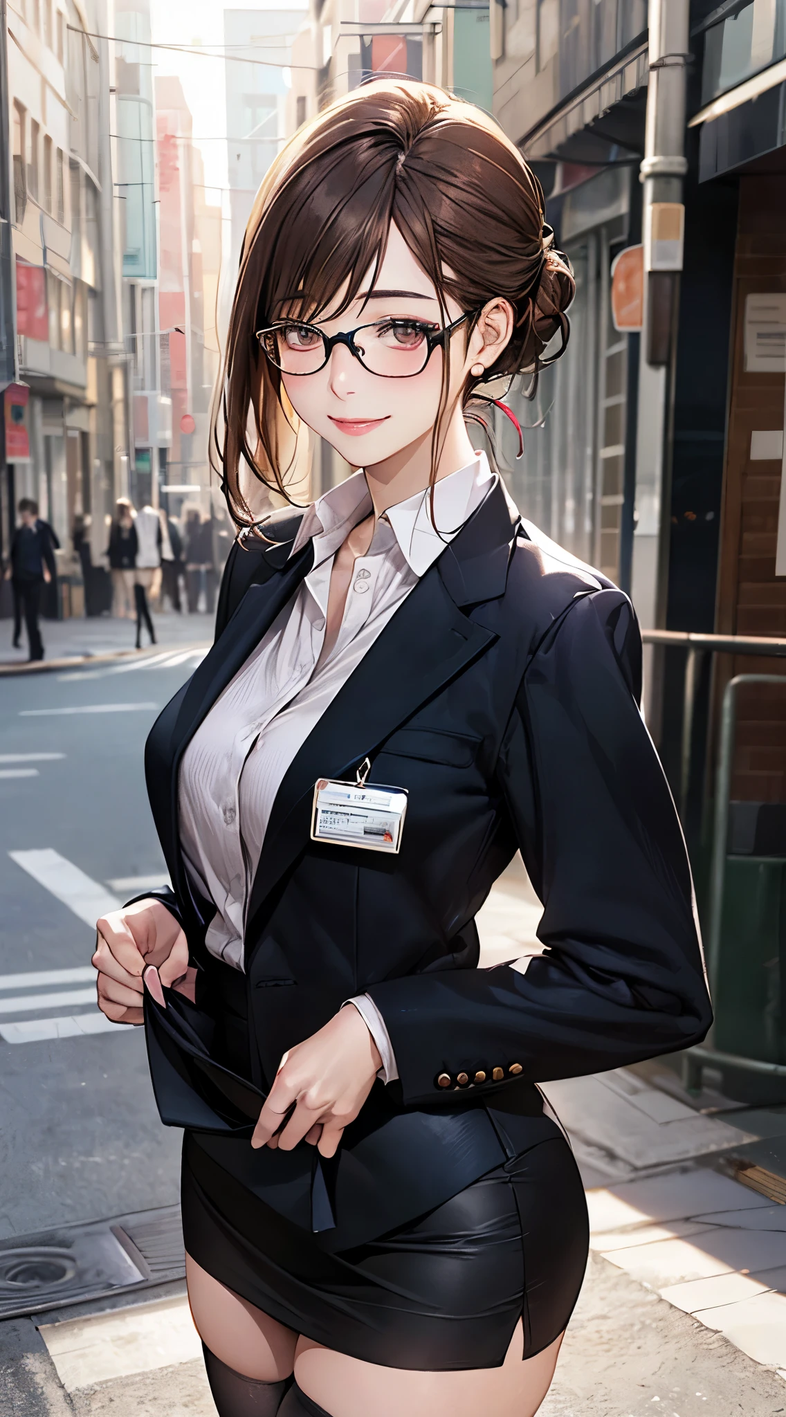 (masterpiece:1.2, top-quality), (realistic, photorealistic:1.4), beautiful illustration, (natural side lighting, movie lighting),
looking at viewer, cowboy shot, front view:0.6, 1 girl, japanese, high school girl, perfect face, cute and symmetrical face, shiny skin,
(middle hair:1.8, half updo:1.4, brown hair), asymmetrical bangs, gold eyes, (large breasts:1.1, thick thighs),
beautiful hair, beautiful face, beautiful detailed eyes, beautiful clavicle, beautiful body, beautiful chest, beautiful thigh, beautiful legs,
((long sleeves, white collared shirt, black suit jacket, black pencil mini skirt), id card, strap, black high heels), black-rimmed glasses, pink panties,
(beautiful scenery), evening, street, vibrator in thighhighs, (lifting skirt myself, ), (dildo under clothes),
(lovely smile, upper eyes),