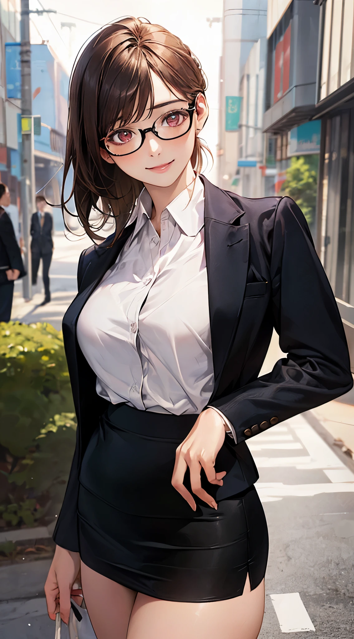 (masterpiece:1.2, top-quality), (realistic, photorealistic:1.4), beautiful illustration, (natural side lighting, movie lighting),
looking at viewer, cowboy shot, front view:0.6, 1 girl, japanese, high school girl, perfect face, cute and symmetrical face, shiny skin,
(middle hair:1.8, half updo:1.4, brown hair), asymmetrical bangs, gold eyes, (large breasts:1.1, thick thighs),
beautiful hair, beautiful face, beautiful detailed eyes, beautiful clavicle, beautiful body, beautiful chest, beautiful thigh, beautiful legs,
((long sleeves, white collared shirt, black suit jacket, black pencil mini skirt), id card, strap, black high heels), black-rimmed glasses, pink panties,
(beautiful scenery), evening, street, vibrator in thighhighs, (lifting skirt myself, ), (dildo under clothes),
(lovely smile, upper eyes),