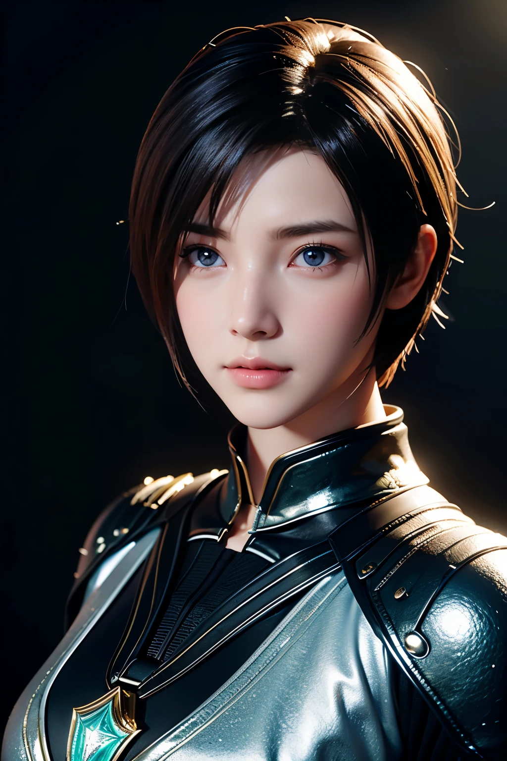 Game art，The best picture quality，Highest resolution，8K，((A bust photograph))，((Portrait))，(Rule of thirds)，Unreal Engine 5 rendering works， (The Girl of the Future)，(Female Warrior)，22岁少女，(Short hair of random color)，(A beautiful eye full of detail)，(Big breasts)，优雅迷人，微笑，脸红，(Clothes full of futuristic sci-fi style，Sweater，A delicate pattern，Glittering jewels)，赛博朋克人物，未来风格， 拍照姿势，街道背景，Movie lights，Ray tracing，Game CG，((3D Unreal Engine))，oc渲染反射纹