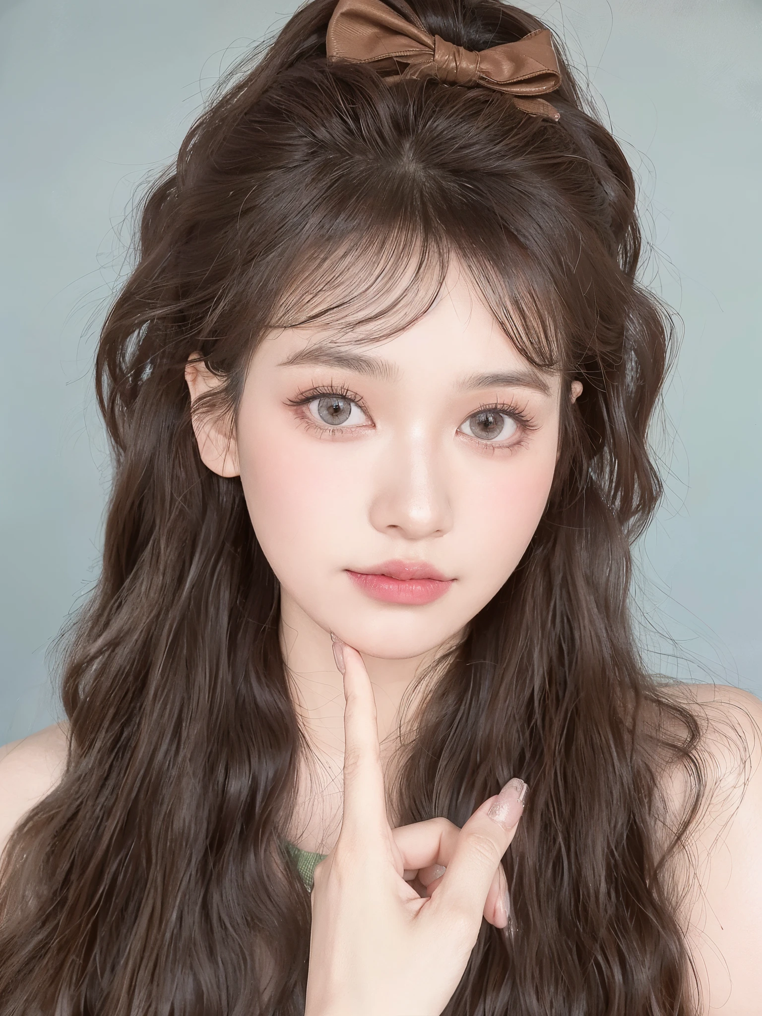 there a long hair、Woman with bow on her head, kawaii actual portrait, yanjun chengt, Urzan, inspired by Yanjun Cheng, Korean popular makeup, sakimicchan, actual. cheng yi, Cute and natural anime face, Korean popular makeup, author:unbelievable, With cute doting eyes, portrait cute delicate face