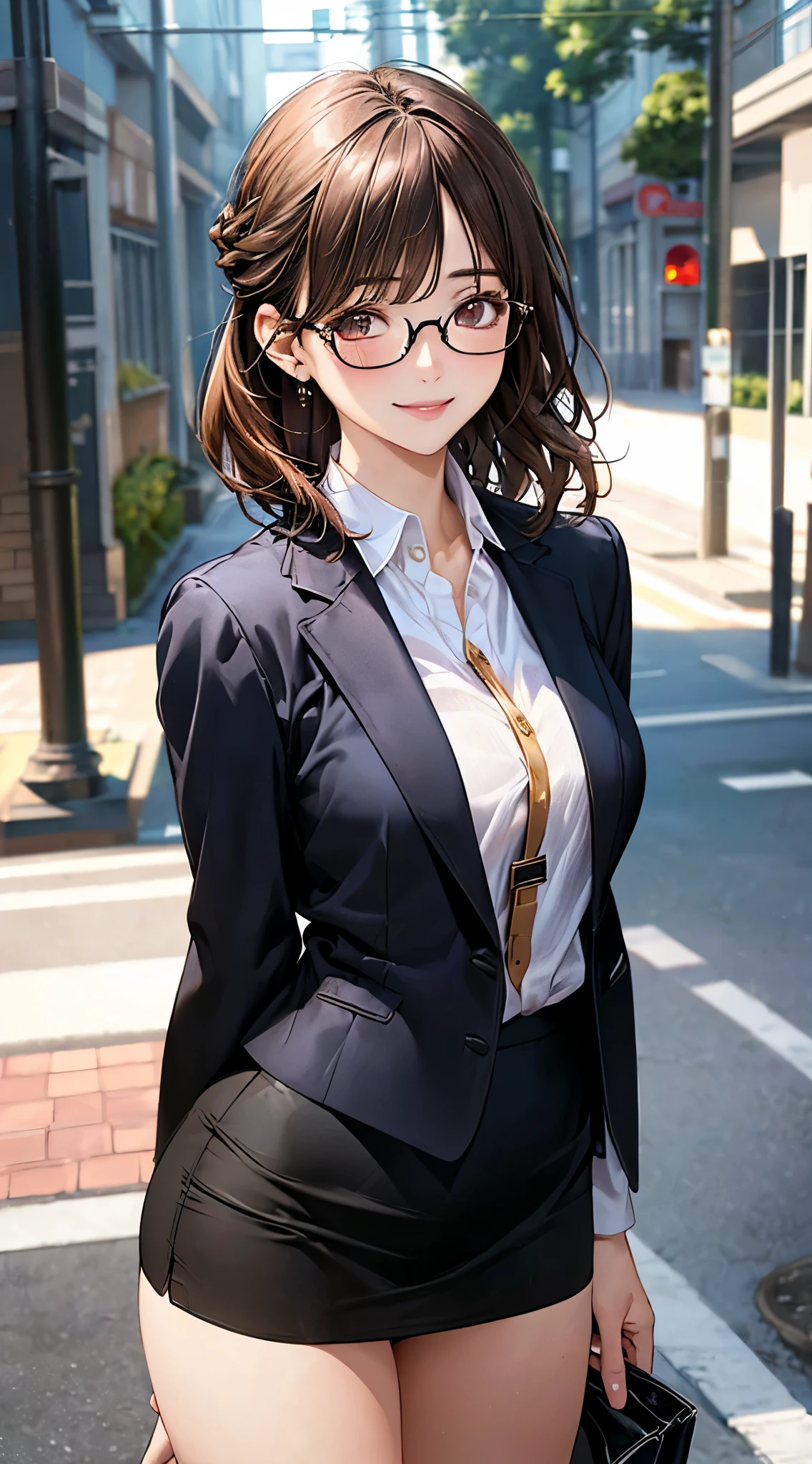 (masterpiece:1.2, top-quality), (realistic, photorealistic:1.4), beautiful illustration, (natural side lighting, movie lighting),
looking at viewer, cowboy shot, front view:0.6, 1 girl, japanese, high school girl, perfect face, cute and symmetrical face, shiny skin,
(middle hair:1.8, half updo:1.4, brown hair), asymmetrical bangs, gold eyes, (large breasts:1.1, thick thighs),
beautiful hair, beautiful face, beautiful detailed eyes, beautiful clavicle, beautiful body, beautiful chest, beautiful thigh, beautiful legs,
((long sleeves, white collared shirt, black suit jacket, black pencil mini skirt), id card, strap, black high heels), black-rimmed glasses, pink panties,
(beautiful scenery), evening, street, (lovely smile, upper eyes),