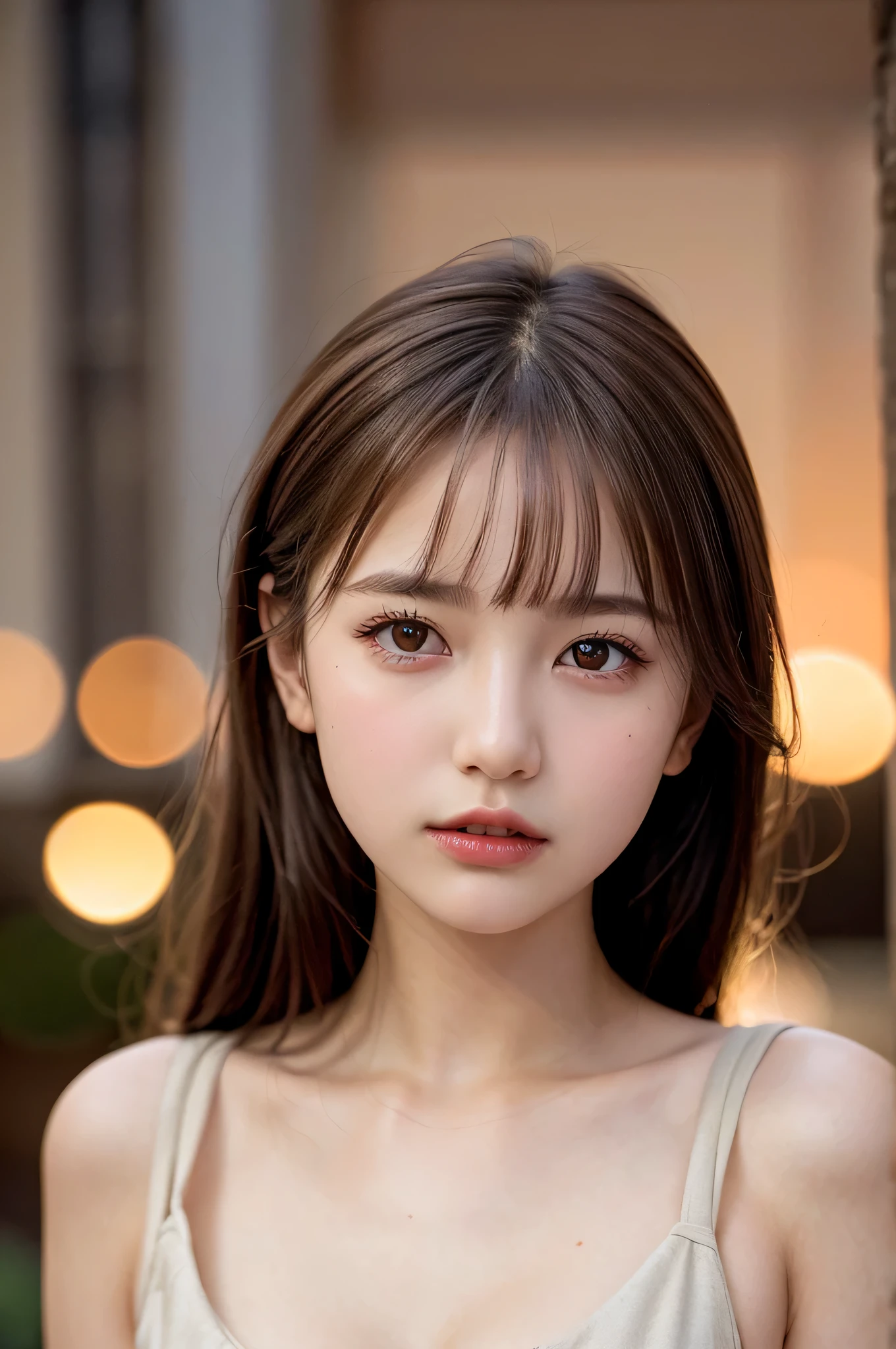(best quality), (ultra-detailed), (llustration), (detailed light), (an extremely delicate and beautiful), 1young girl, brown hair, brown eyes, model, bare shoulders, best quality, extremely detailed CG unified 8k wallpaper, High-definition raw color photos, professional photograpy, (((Bokeh))), depth of fields, twilight, sunset,