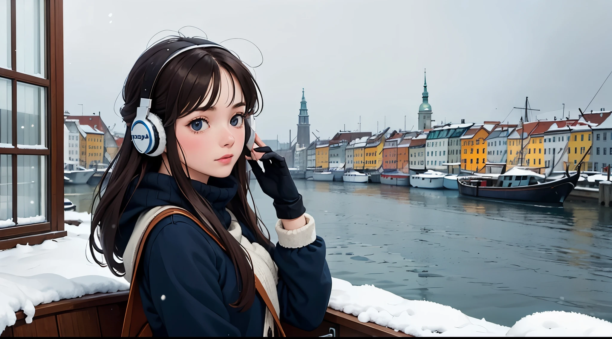 lofi relaxed one brunette girl with headphones sails in a boat, looks outside, head glued to window. winter. snowing. bad weather. in windows beautiful saturated landscape of colorful (winter Nyhavn in Copenhagen). travel. tourist. sweater, gloves. long hair blown by wind.