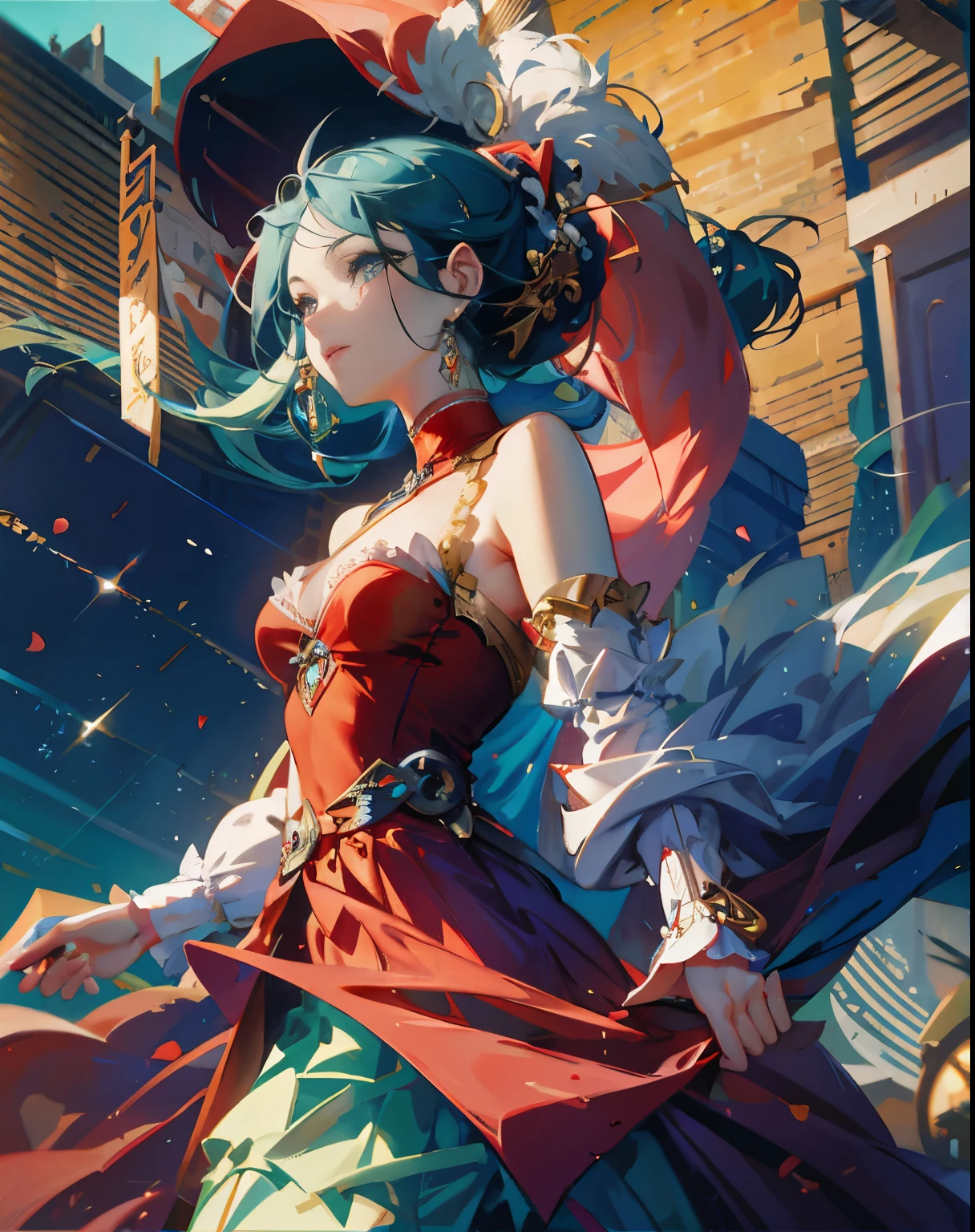 anime girl with blue hair and red dress in a courtyard, ross tran 8k, estilo ross tran, artgerm e atey ghailan, trends on artstation pixiv, artgerm extremamente detalhado, no estilo de Ross Tran, Alphonse Mucha e Rossdraws, inspirado em Ross Tran, obras de arte no estilo de guweiz