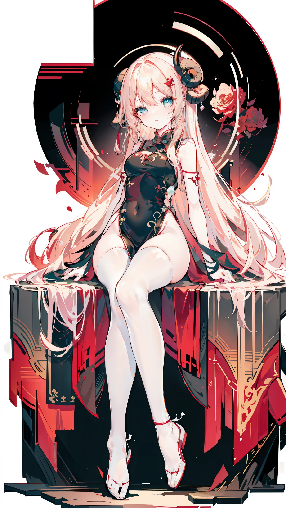 a girl，Sheep&#39;s horn, full color,  long white hair, Red眼睛 ，Eyeliner,  black transparent clothes, Red, open air, Rose, night, ruins, Butterfly，mine same as the original, mine, , (:1.2)
rest, (cheongsam), (view from below), (Put your arms behind your back), (wild lift), thin dress, Crotch cutout, best quality, high resolution, unified 8k wallpaper, (illustration:0.8), (Beautiful and delicate eyes:1.6), extremely detailed face, perfect lighting, Very detailed cg, (perfect hands, perfect anatomy),soles of feet，sitting，blond，red lips，Acting cute，Close-up of feet，up-close，Complete feet，High heel，camel toe