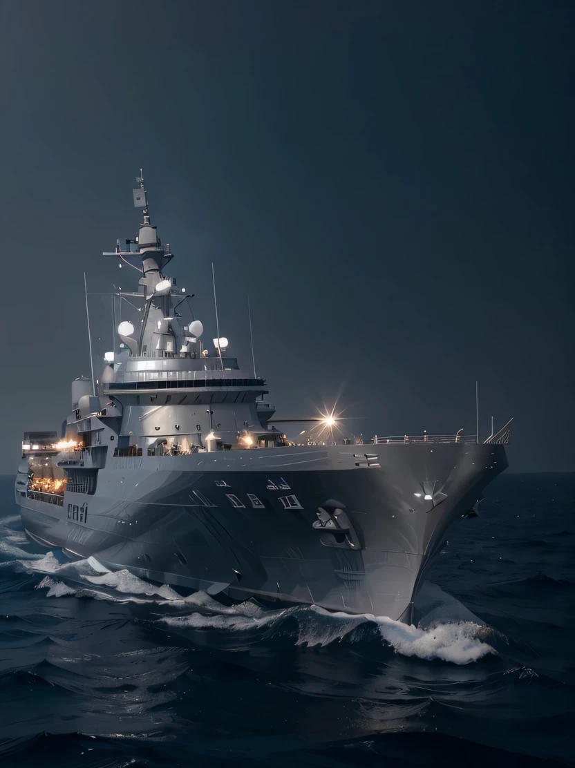 ((masterpiece、highest quality、genuine、Super detailed、High resolution、photogenuineistic、sharp focus、genuineistic photo、Live shooting、cinematic lighting))、modern style warship、Metallic gray color with blue details、genuineistic sea surface、perfect composition