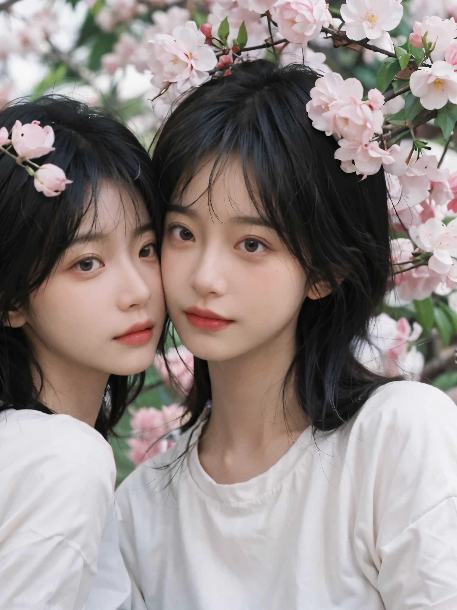 best quality, ultra high resolution, White background,(realistically:1.4), 2 girls, White short sleeves,twin? Cherry blossom rain,A pair of eyes as clear as snow,Royal sister,looking at the audience, close up ,