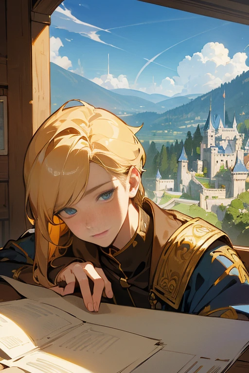 (masterpiece),(best quality), illustration, (fantasy:1.4), perfect male face, solo, cute detailed digital art, beautiful face, golden hair, castle, mountain, a young man, 16 years old, paper_cut