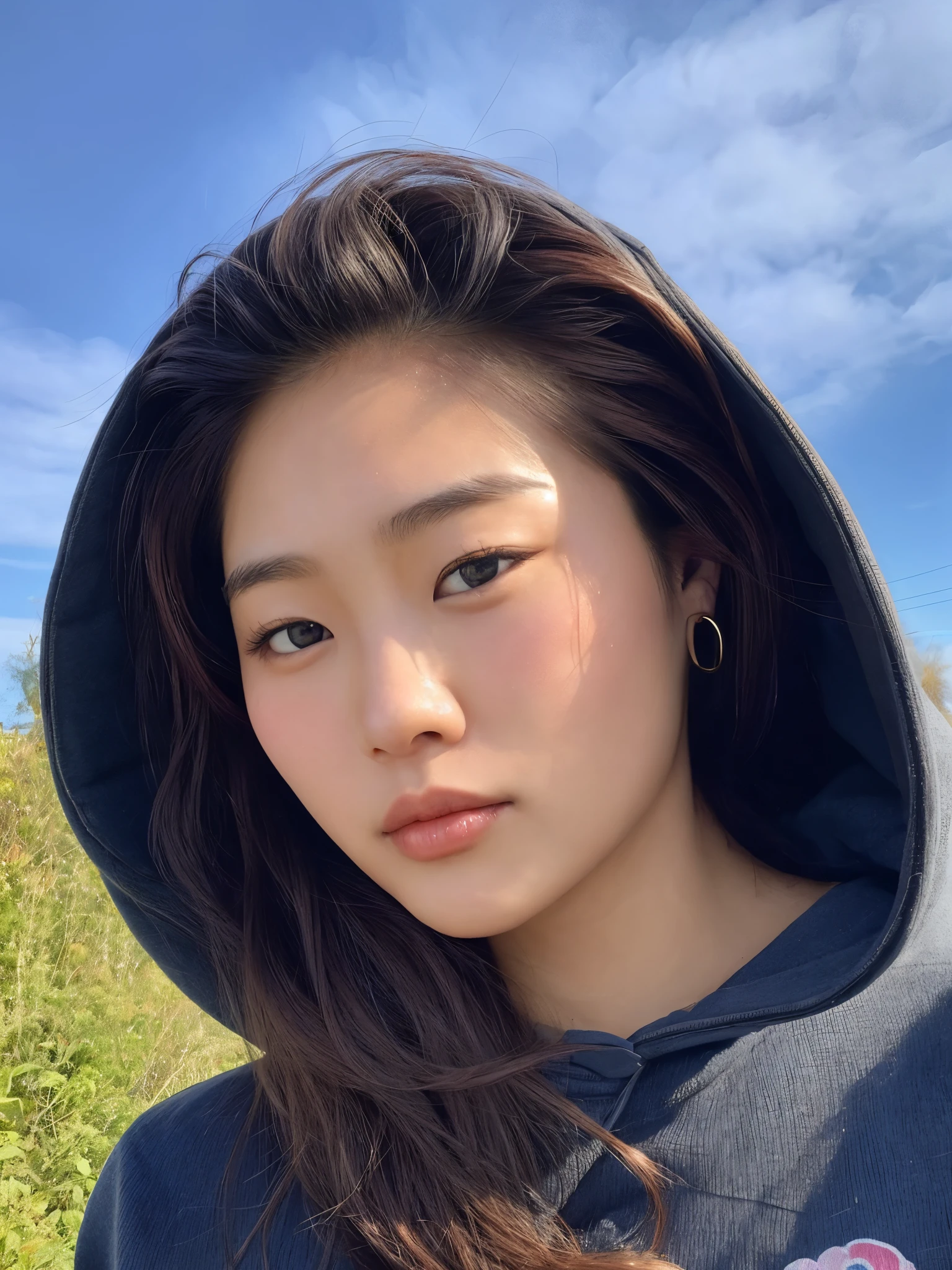 a close-up of a woman in a hoodie looking at the camera, gema chen, sem maquiagem, asian face, young cute wan asian face, Louise Zhang, Lulu Chen, wenfei you, Southeast Asian with round face, a young Asian woman, gongbi, taejune kim, jaeyeon nam, Leslie Zhang, asian features, young lovely korean face