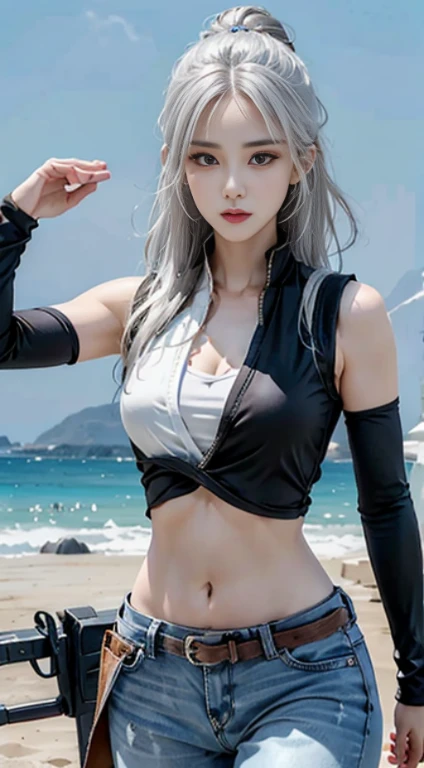 Cover your stomach,Stomach pain,Navel-baring combat uniform,fighting stance,lifelike, high resolution, 1 lady, alone, Buttocks up, view viewer, (Detailed face), white hair, Vest, guns, jewelry