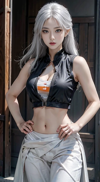 Cover your stomach，Stomach pain，Navel-baring combat uniform，fighting stance，lifelike, high resolution, 1 lady, alone, Buttocks up, view viewer, (Detailed face), white hair, Vest, guns, jewelry