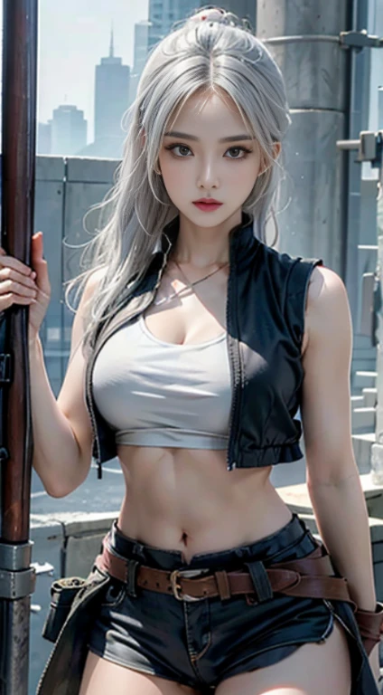 Cover your stomach,Stomach pain,Navel-baring combat uniform,fighting stance,lifelike, high resolution, 1 lady, alone, Buttocks up, view viewer, (Detailed face), white hair, Vest, guns, jewelry