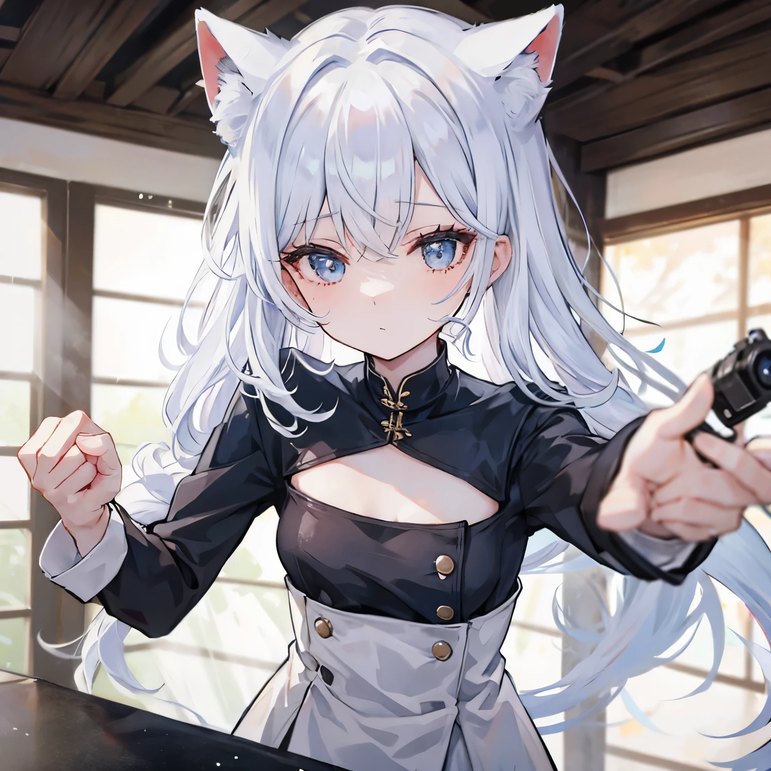 a girl，white hair，white silk，Cat ear，The camera  bottom-up，