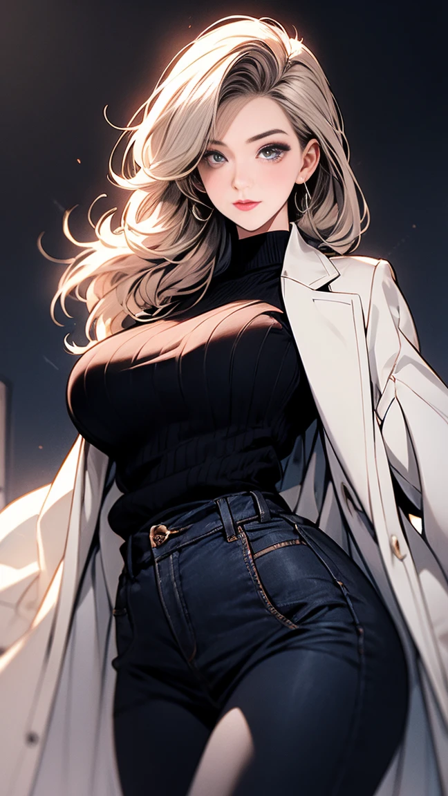(Masterpiece, best quality), (ultra high resolution, 8K RAW photo, photo realistics:1.5, textile shading, pale tones, thin outline), Beautuful Matured woman, wind coat, Tall and long legs, Perfect face shape, long white hair, rimless eyewears, The upper part of the body, A chunky sweater with a high neck wraps around the chest, blacksilk, Harnes, A thousand flavors, (milf:1.5, 28 years old, solo, One person fills the picture), (large breast, sagging breast, big tits, narrow waist, curvy bodies), (long white hair, hair over one eye, asymmetric hair), (bright pupils, detailed eyes, high detailed face, eye rush), (smiling, shamed), (looking at viewers:1.3), (dynamic angle, from below), (correct anatomy:1.5, correct hands), (ideal ratio of body proportions),