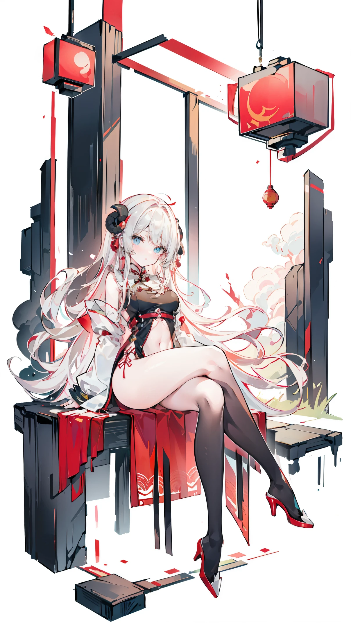 a girl，Sheep&#39;s horn, full color,  long white hair, Red眼睛 ，Eyeliner,  black transparent clothes, Red, open air, Rose, night, ruins, Butterfly，mine same as the original, mine, , (:1.2)
rest, (cheongsam), (view from below), (Put your arms behind your back), (wild lift), thin dress, Crotch cutout, best quality, high resolution, unified 8k wallpaper, (illustration:0.8), (Beautiful and delicate eyes:1.6), extremely detailed face, perfect lighting, Very detailed cg, (perfect hands, perfect anatomy),soles of feet，sitting，blond，red lips，Acting cute，Close-up of feet，up-close，Complete feet，High heel