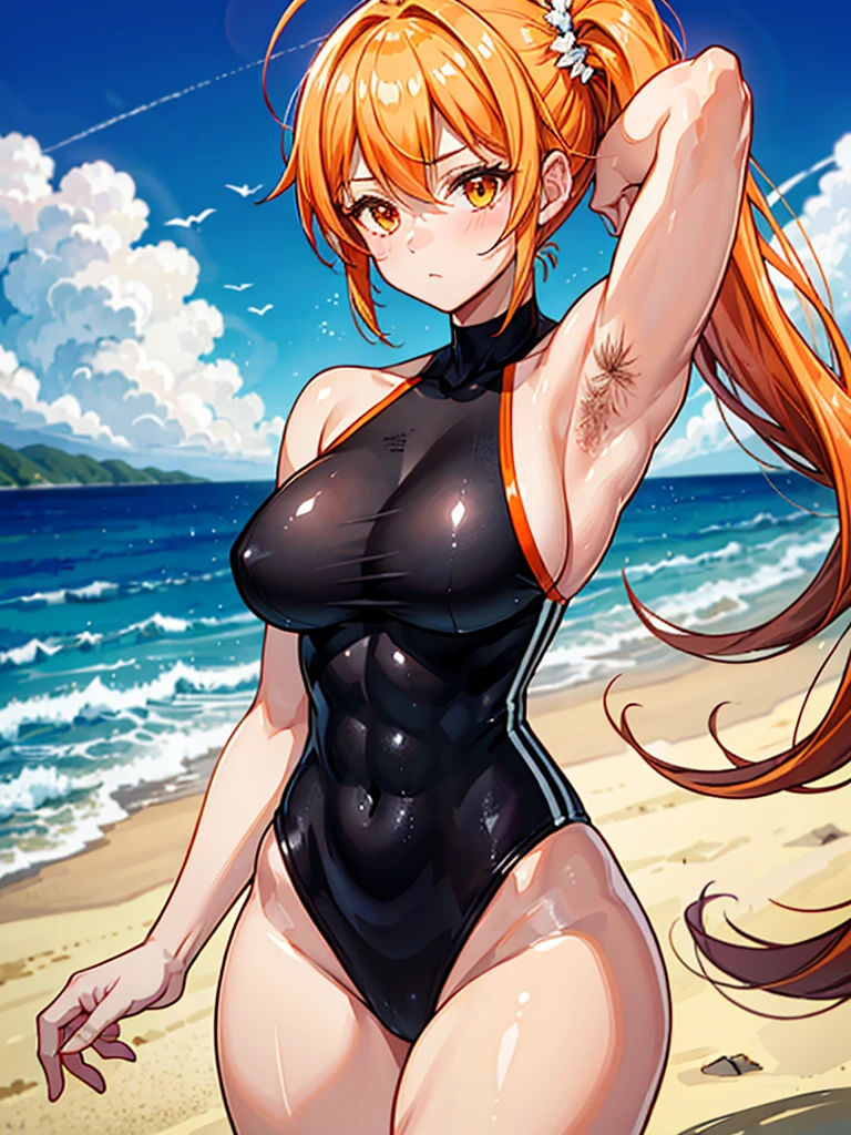 （（（masterpiece、Highest image quality、highest quality、highly detailed unity 8ｋwallpaper）））、（（Illustration of one girl））、（（（beautiful girl）））、（（orange hair、side ponytail、sidelocks：1.4、orange eyes））、（（（stocky build：1.3, thickset physique：1.3, muscular legs, broad shoulders, solid chest：1.3、orange hairy armpits：1.4）））、(armpit hair:1.4)、swimsuit、sandy beach