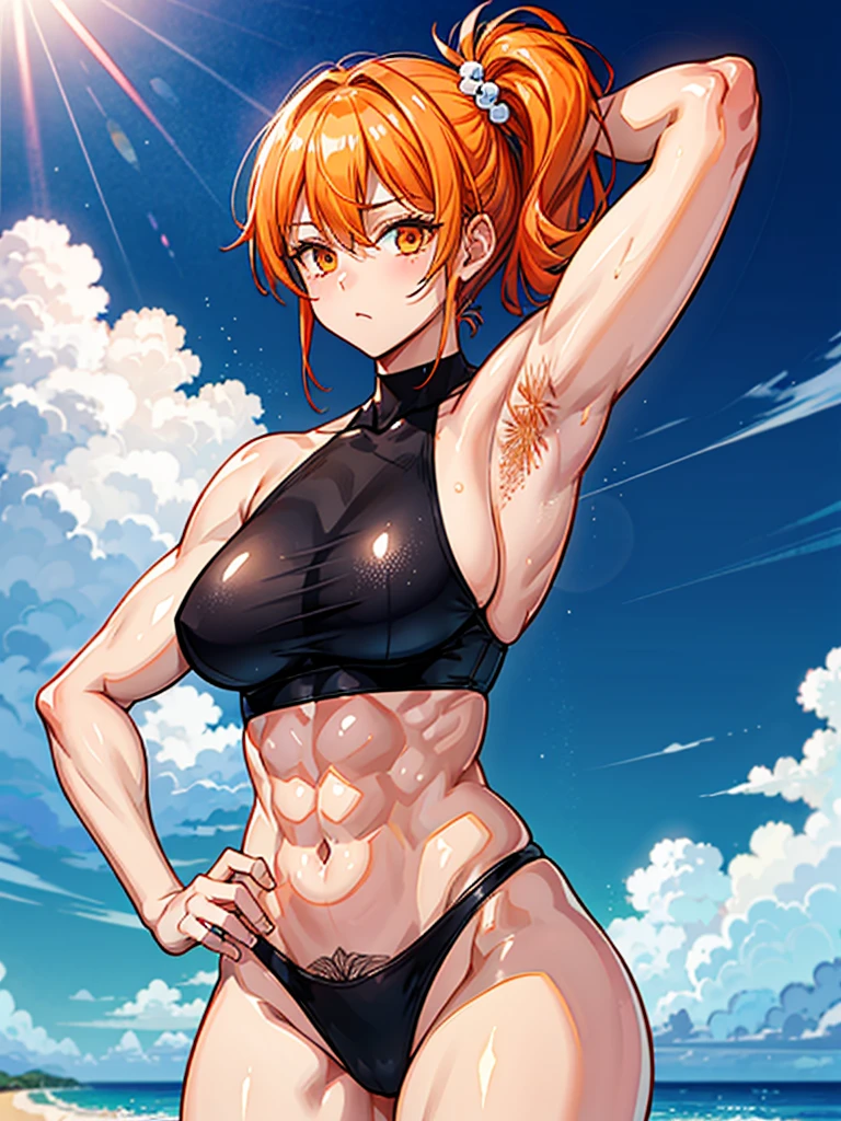 （（（masterpiece、Highest image quality、highest quality、highly detailed unity 8ｋwallpaper）））、（（Illustration of one girl））、（（（beautiful girl）））、（（orange hair、side ponytail、sidelocks：1.4、orange eyes））、（（（stocky build：1.3, thickset physique：1.3, muscular legs, broad shoulders, solid chest：1.3、orange hairy armpits：1.4）））、(armpit hair:1.4)、swimsuit、sandy beach