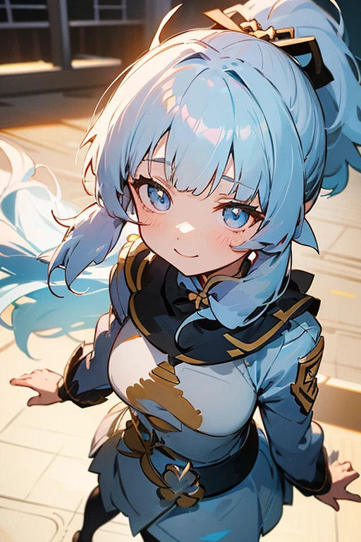 (masterpiece), (best quality), (ultra detailed),(disheveled hair),(illustration), (1girl), standing, smiling, beautiful detailed eyes, light blue eyes, detailed beautiful face, (kamisato ayaka: 1.2), focus on face, ponytail, kamisato ayaka(genshin impact), light blue hair, detailed hair, bangs, best lighting, best shadow, highly detailed, vibrant