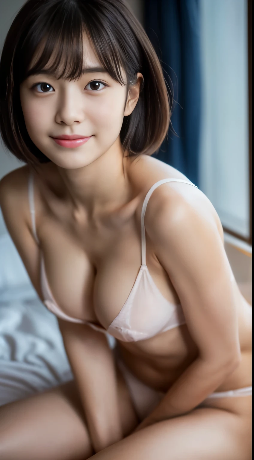 8K, (Hyper-Reality: 1.35), (Realistic: 1.4), 1 beautiful Korean girl, smiling, solo. Light Makeup, Masterpiece, Top Quality, High Quality, Solo, No Panties, No Bra, Latin, Puberty, Jumping Window, From Below, Both Thighs Open, Exaggerated Thighs, Obscene, Bed, Breathing Hard, Expression, Leg Spread, Solo: 1.5), (japanaese girl:1.5), (japanaese girl:1.5), Close-Up, Must Piece, Best Quality, Full Anatomy, Raw Photo, Photorealism, Face, Incredibly Funny, Beautiful Girl, Cute, Short Hair, Depth of Field, High Definition, Ultra Detail, Fine Detail, Very Fine, Very Fine Eyes and Face, Sharp Pupils, Realistic Pupils, Sharp Focus, cinematic lighting, flat chest, small breasts, small, (small bust:1. 2), small bust, (slim, small, flat, small), slender, delicate and sexy collarbone, slender, mast piece, soft light, on white bed, nude without a stitch! Hairless genitals, pie pan, natural light room, lying on bed, open crotch, I see your cute, shy expression. Shy facial expression, makeup close to that of a plain face, skin tone of body and face the same color, unadorned natural color, with a devilish charm that attracts all who see it.