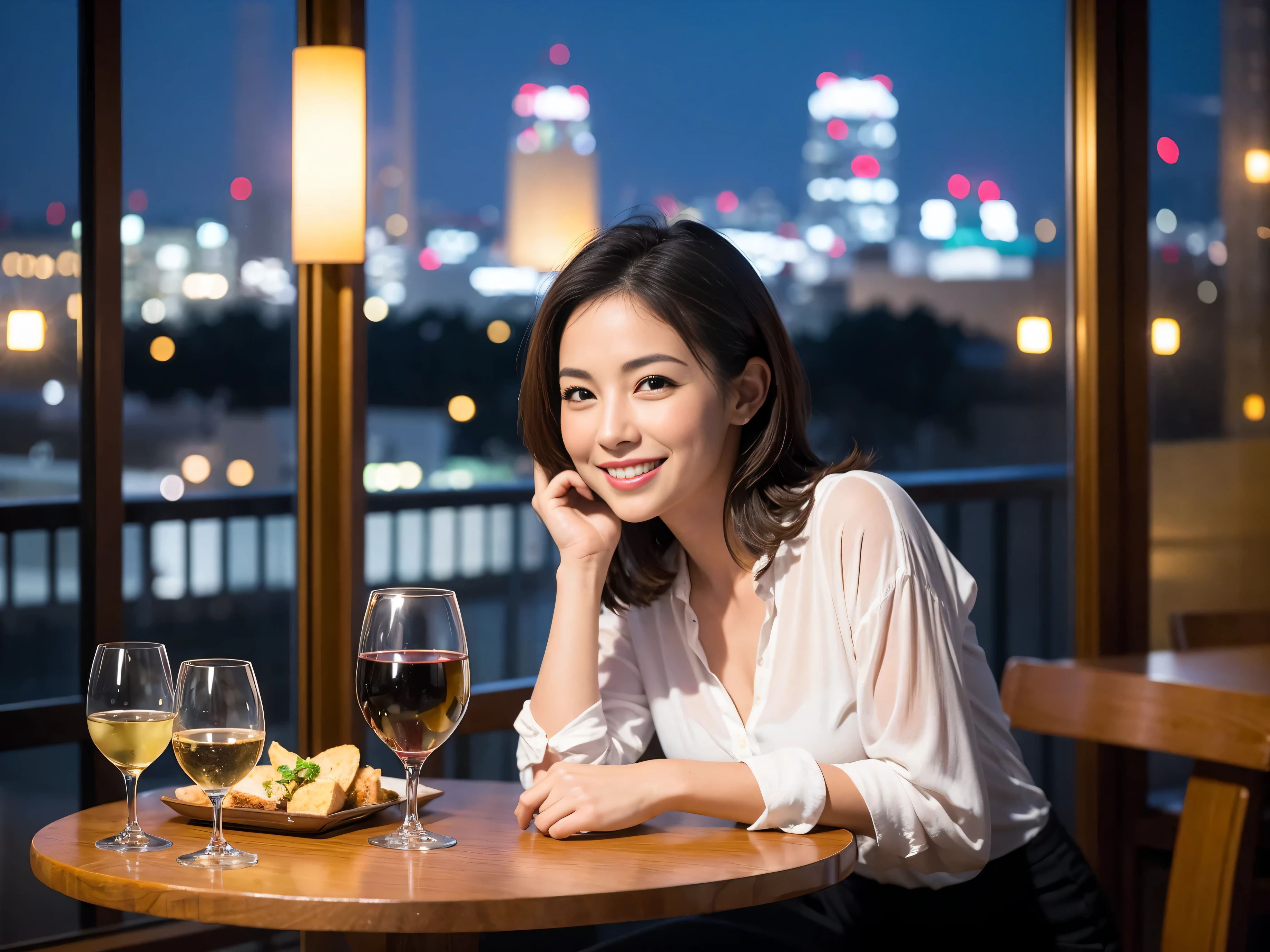 (64k uhd, nffsw, of the highest quality, masutepiece: 1.2), (Realistic, Photorealistic: 1.37), Pretty Woman 1, (Slim Face), (Slim body), (Brown hair), (short-cut), cheeks blush a little, (40 years old), 38 years, Solo, A beautiful and detailed night view spreads out outside the window...., restaurant, Sitting in a wine glass, At night, In a prominent place (from waist up) NovaFrogStyle, actress, Model, waist-up, white wine, slim, wine glasses, Super clean night view, Wine glass placed in the middle, Happy smile, (Smile: 1.15), Beautiful fine eyes, Upper body, Bust Japan Up, Night, Short, Short, actress, Model, waist-up, white wine, slim, wine glasses, Super clean night view, Wine glass placed in the middle, Happy smile,