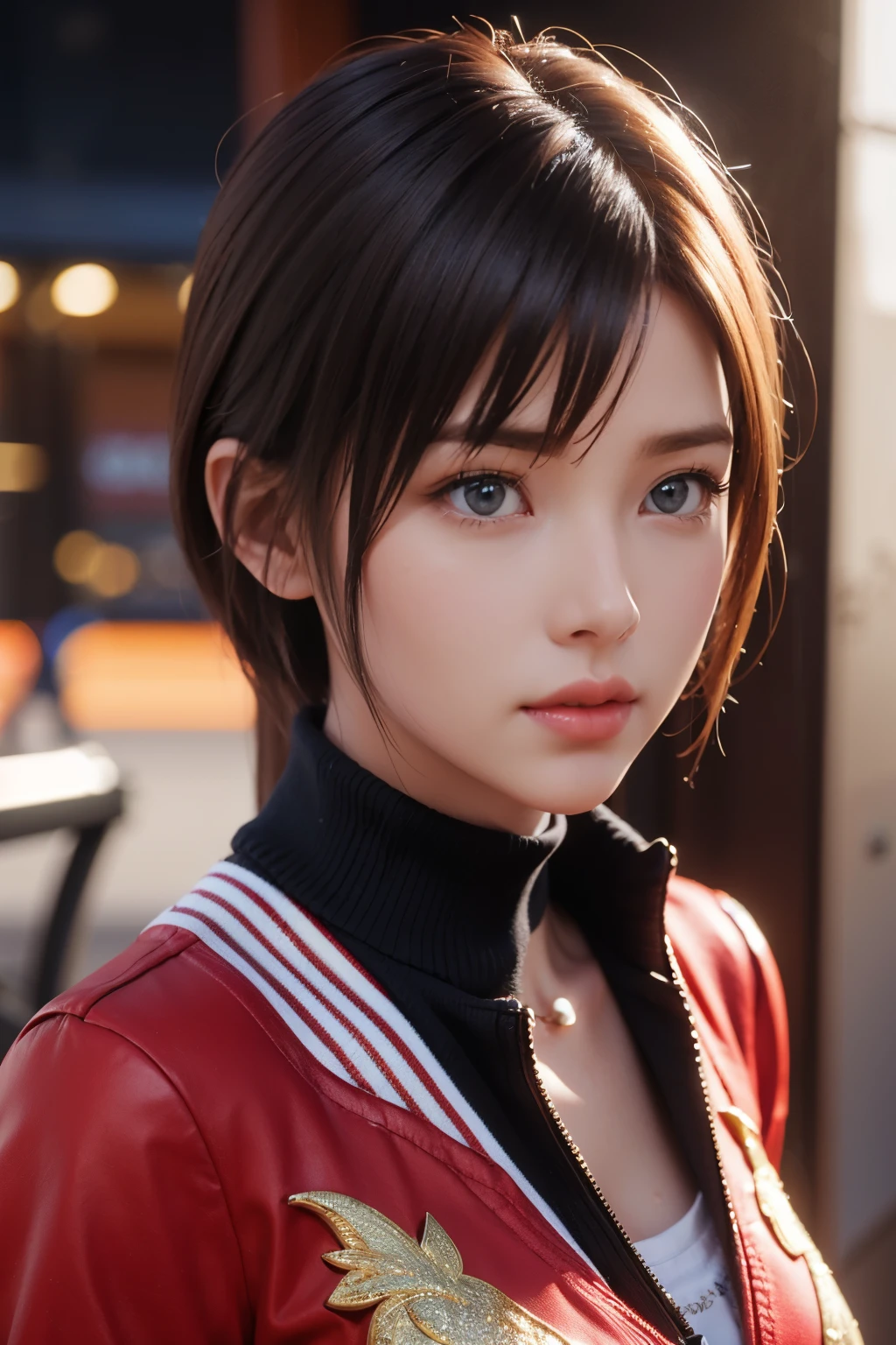 Game art，The best picture quality，Highest resolution，8K，((A bust photograph))，((Portrait))，(Rule of thirds)，Unreal Engine 5 rendering works， (The Girl of the Future)，(Female Warrior)，22岁少女，(Short hair of random color)，(A beautiful eye full of detail)，(Big breasts)，优雅迷人，微笑，脸红，(Clothes full of futuristic sci-fi style，Sweater，A delicate pattern，Glittering jewels)，赛博朋克人物，未来风格， 拍照姿势，街道背景，Movie lights，Ray tracing，Game CG，((3D Unreal Engine))，oc渲染反射纹