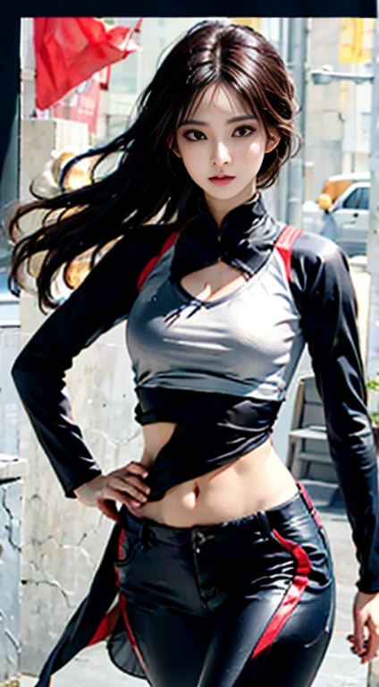 Cover your stomach,Stomach pain,Navel-baring combat uniform,fighting stance,high resolution