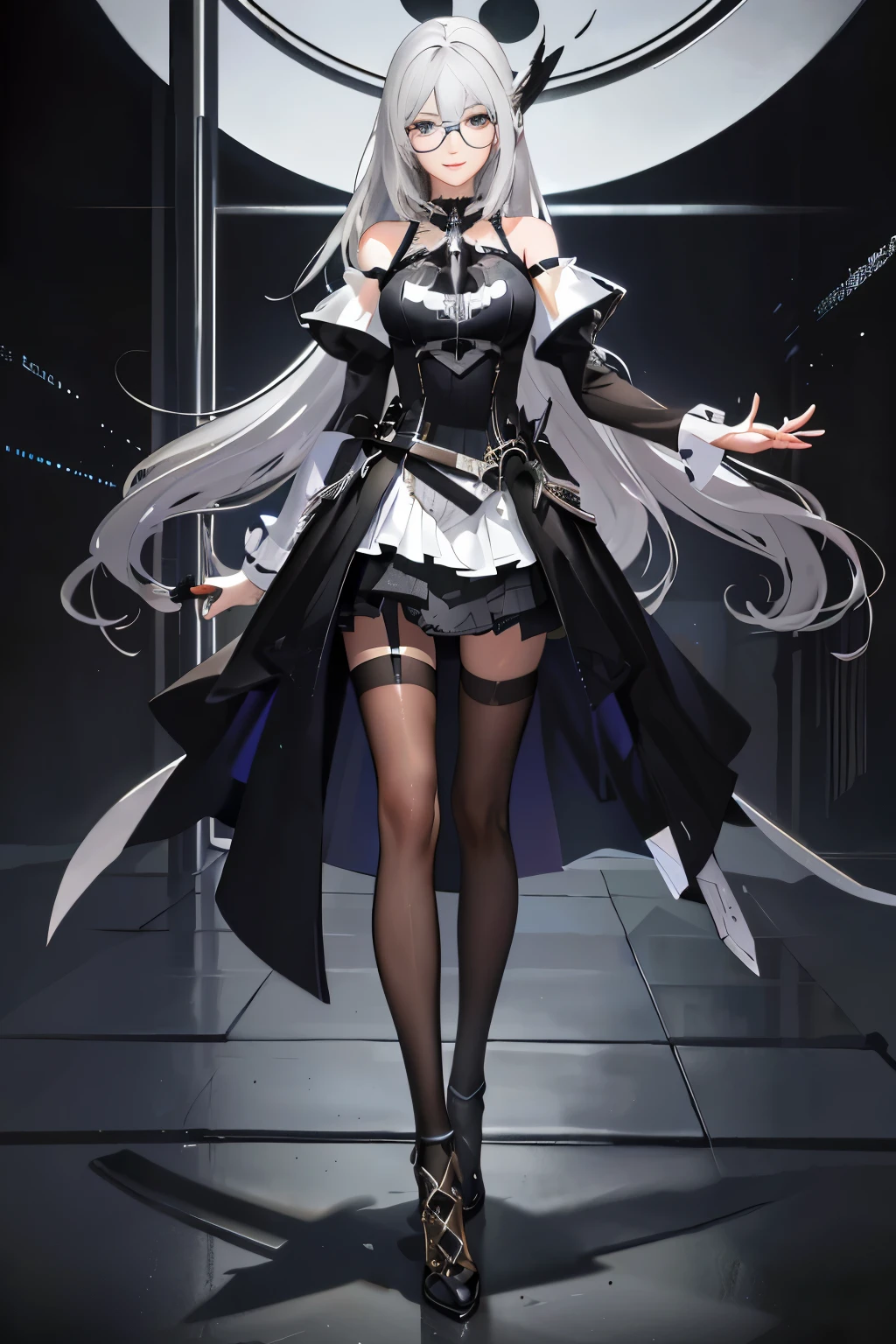 (best quality,4k,8k,highres,masterpiece:1.2),ultra-detailed,(realistic,photorealistic,photo-realistic:1.37),cinematic,anime,black and white outfit,character portrait,beautiful detailed eyes,beautiful detailed lips,detailed character design,charming smile,elegant pose,from Girls' Frontline,inspired by Arknights,from guweiz on artstation and pixiv,inspired by Kusatsutetsu's key art women,from guweiz on pixiv and artstation,inspired by popular topics on artstation and pixiv,Gilrs' Frontline style,Gilrs' Frontline cg,inspired by The Blue Lane style,with exquisite details
