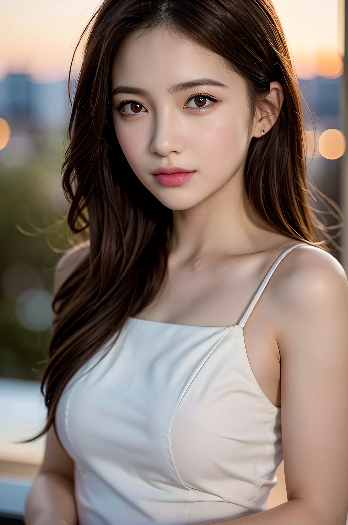 (best quality), (ultra-detailed), (llustration), (detailed light), (an extremely delicate and beautiful), ung girl, brown hair, brown eyes, model, bare shoulders, best quality, extremely detailed CG unified 8k wallpaper, High-definition raw color photos, professional photograpy, (((Bokeh))), depth of fields, twilight, sunset,
