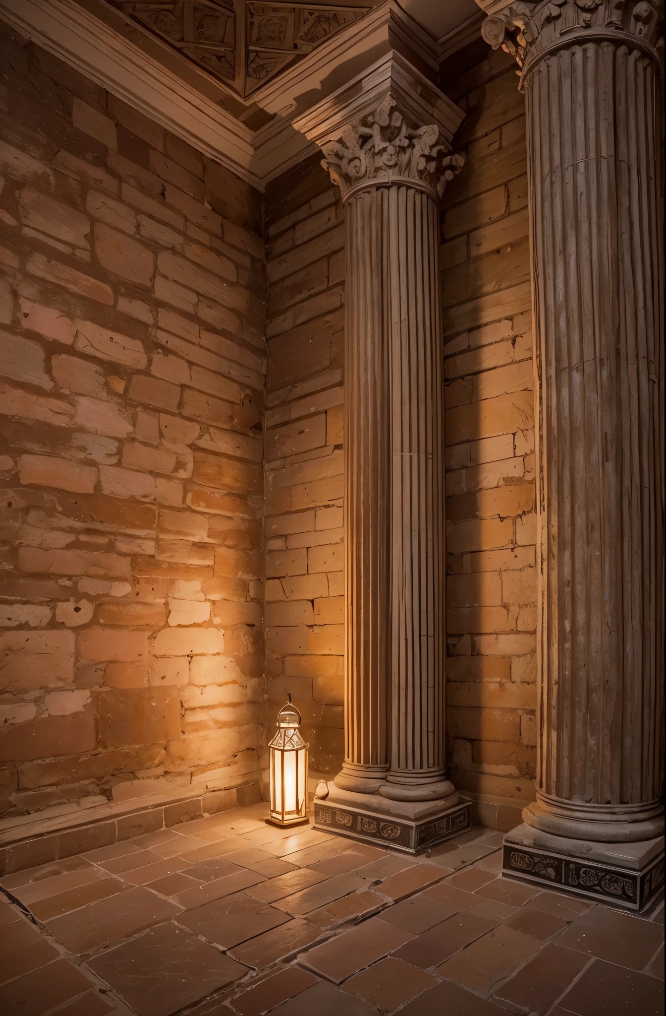 indoor,A wall in a magic house,corner,brick wall,Ceiling lamp from Harry Potter scene,Roman columns