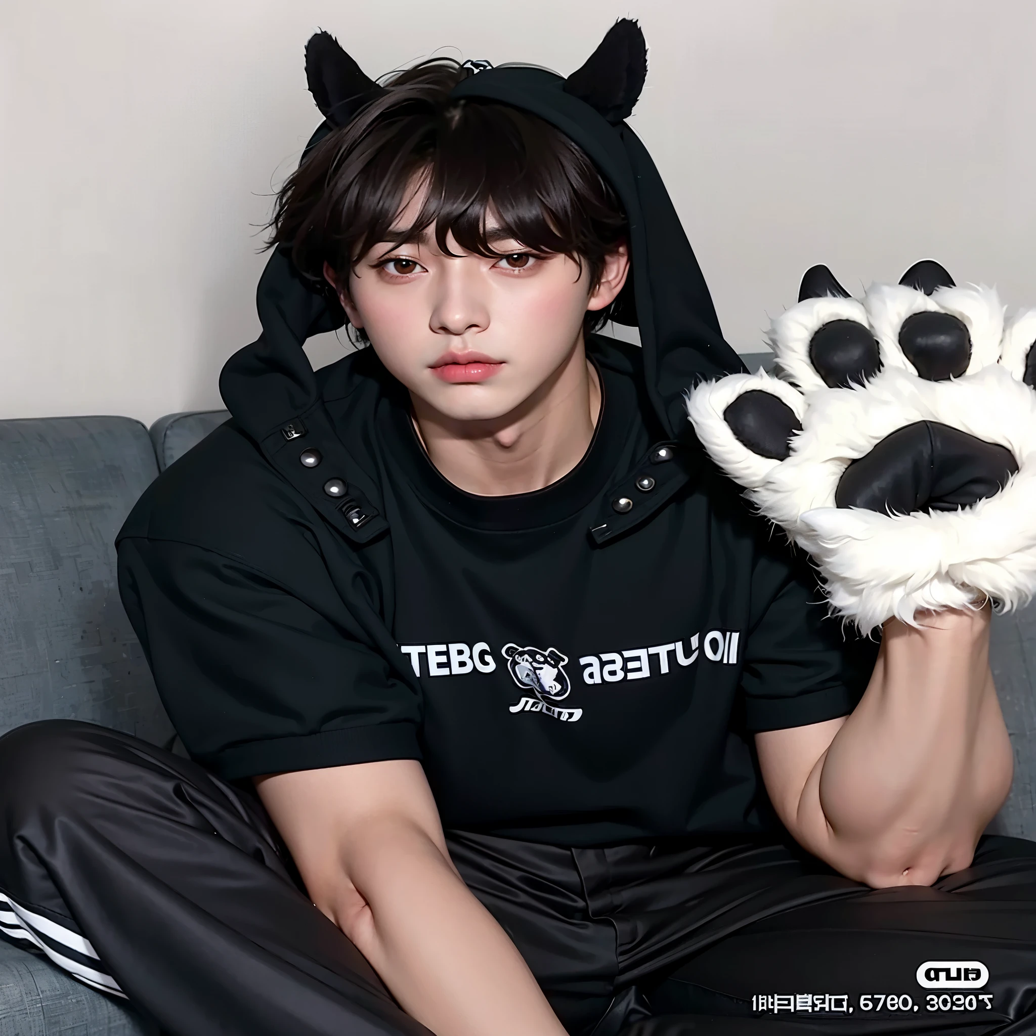 arafed man sitting on a couch holding a stuffed animal paw, cai xukun, male ulzzang, jungkook, holding paws, jung jaehyun, showing his paws to viewer, tiger paws as gloves, jinyoung shin, ulzzang, inspired by Kun Can, paws on head, paws, inspired by Zhang Han, hyung tae