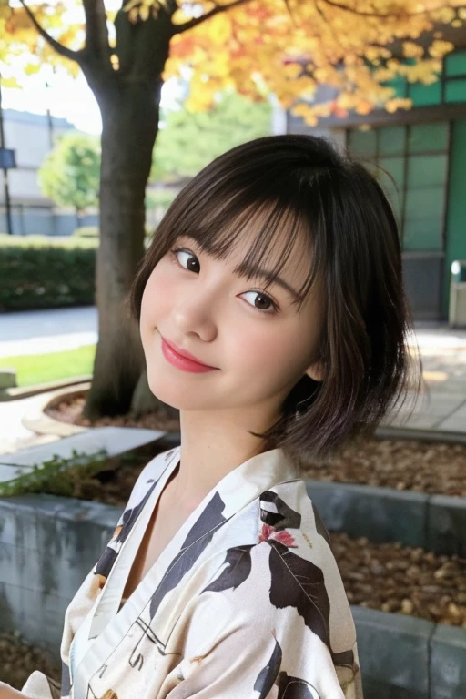 (realistic:1.3), Rembrandt's light masterpiece:1.2), (photorealistic:1.2), (highest quality), (fine skin:1.3), (intricate details), ray tracing,1 girl, japanese girl, 21 years old, fine skin texture, (blush:0.5), scattered below the surface, smile, updo hair, bangs, hair between eyes, hair ornaments, kimono, Floral, Wearing edgJF_kimono, Seiza (bright sunny day, autumn setting, autumn tree々And leaves, (zen garden:1.2)